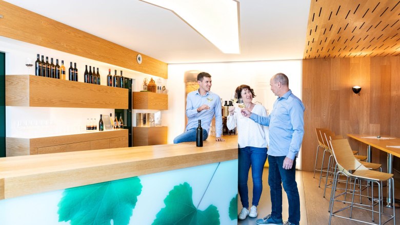 Three people clink glasses in a modern bar.