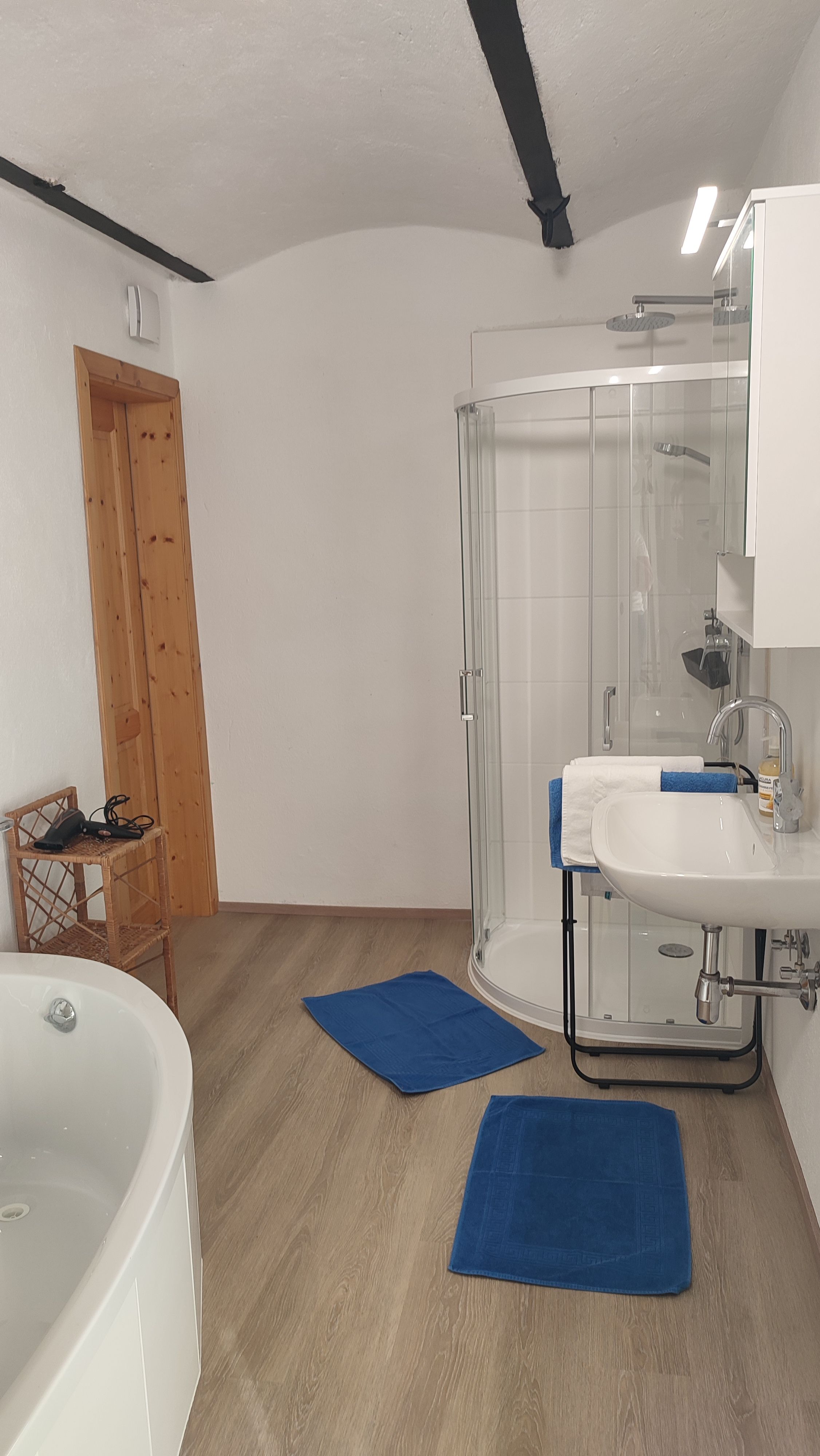 Modernes Badezimmer mit Dusche, Badewanne und blauen Teppichen.