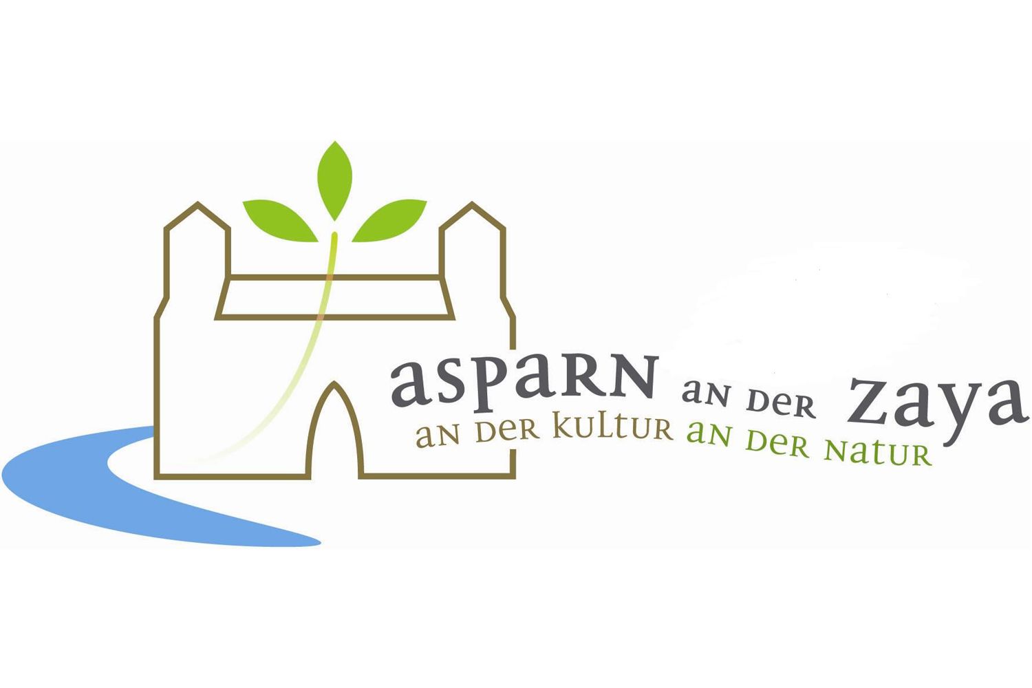 Logo von Asparn an der Zaya mit stilisierter Burg und Blatt.
