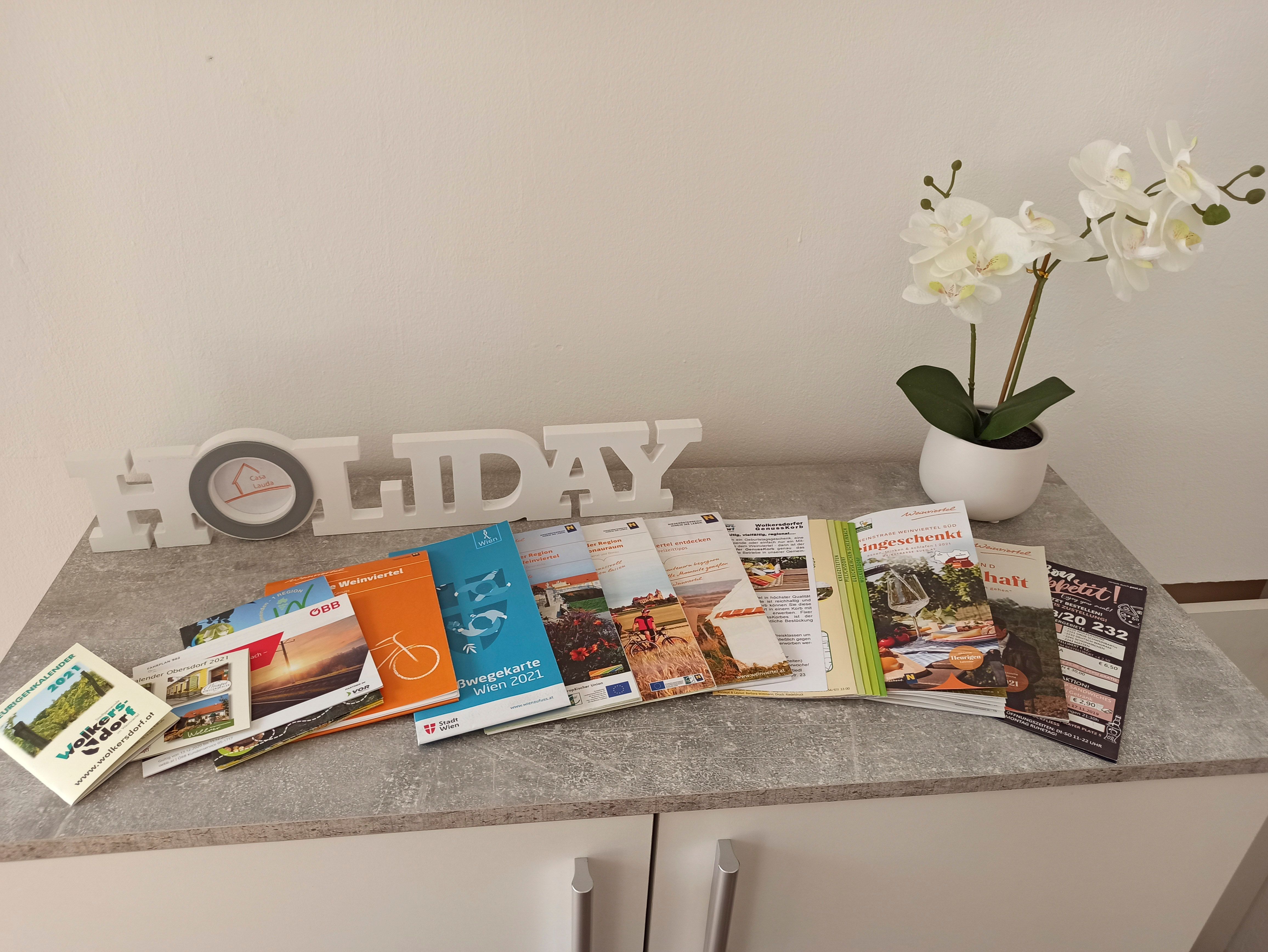 Stůl s brožurami, nápisem "HOLIDAY" a bílou orchidejí v květináči.
