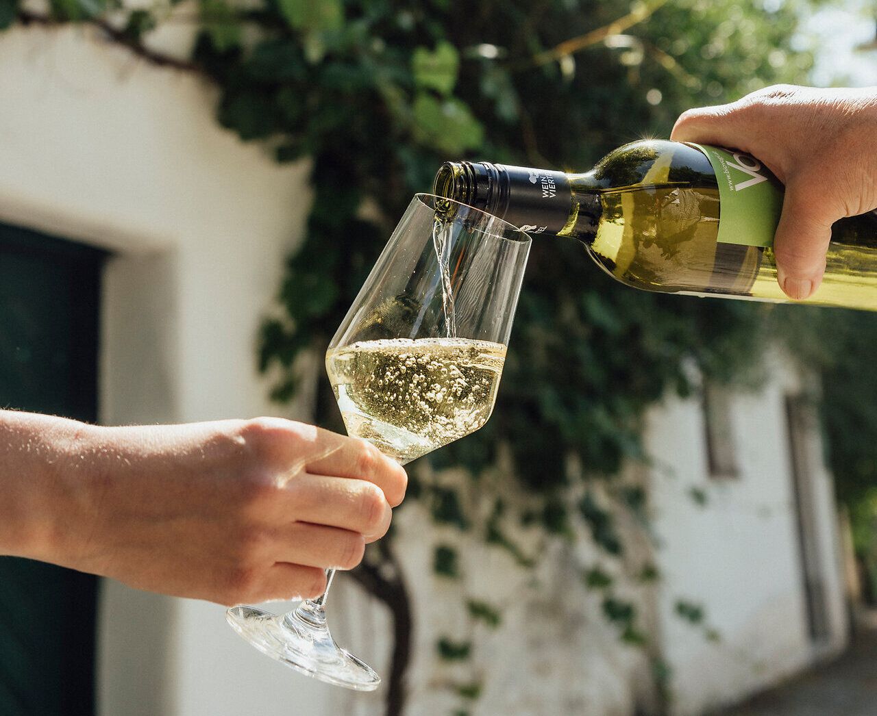 Inmitten der malerischen Weinviertler Kellergassen fließt der spritzige Wein in ein elegantes Glas. Die warmen Sonnenstrahlen und das sanfte Plätschern des Weins schaffen eine einladende Atmosphäre, die zum Verweilen und Genießen einlädt.