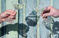 Mit zwei Weißwein-Gläsern wird vor einer Kellertür angestoßen.