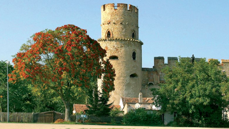 Ein runder Burgturm aus Stein neben einem Baum mit roten Blättern, umgeben von grüner Vegetation und blauem Himmel.