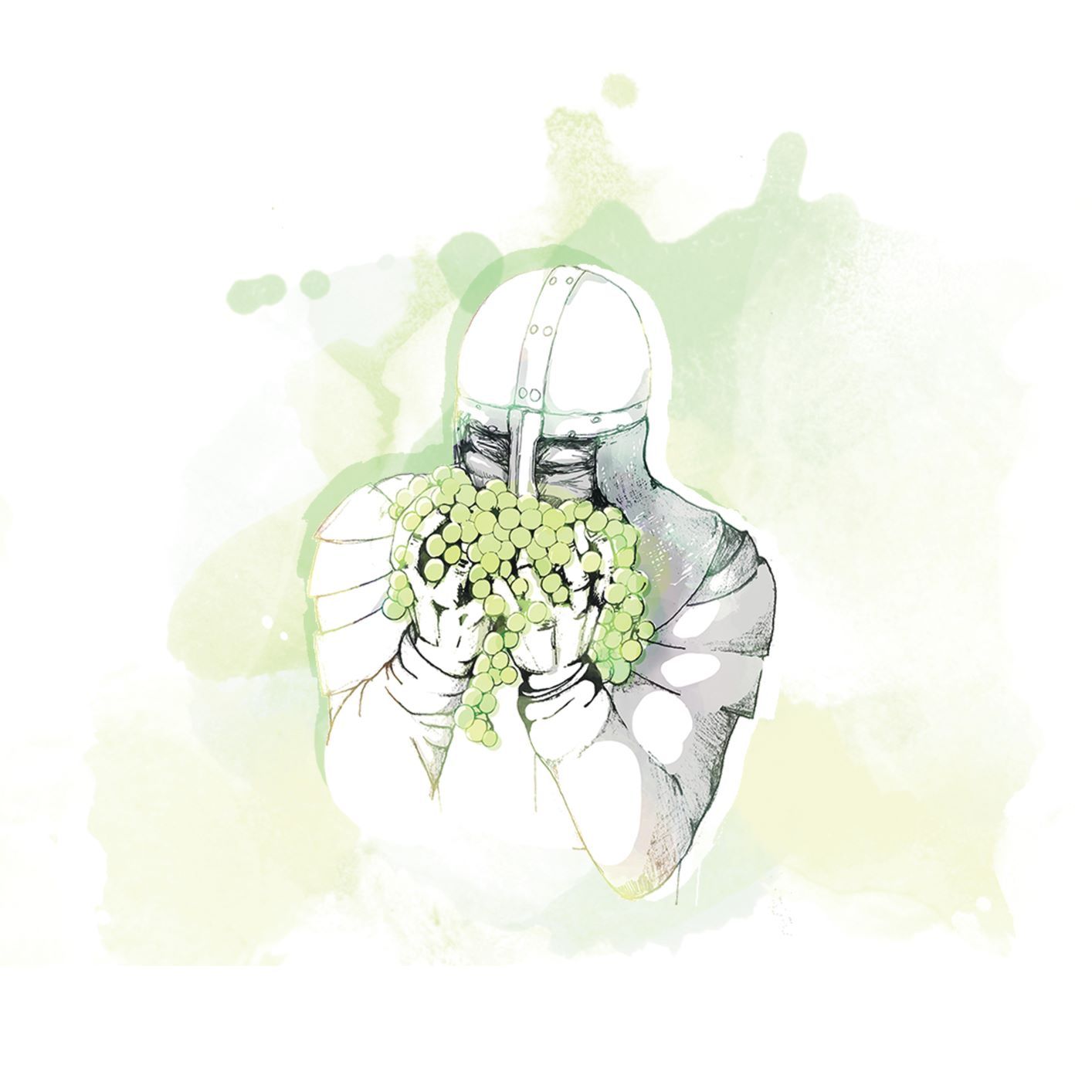 Illustration eines Ritters, der grüne Trauben hält.