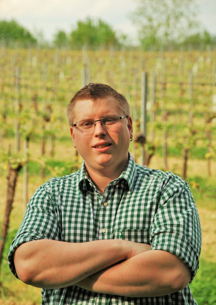 Ein Mann mit Brille und kariertem Hemd steht mit verschränkten Armen vor einem Weinberg.