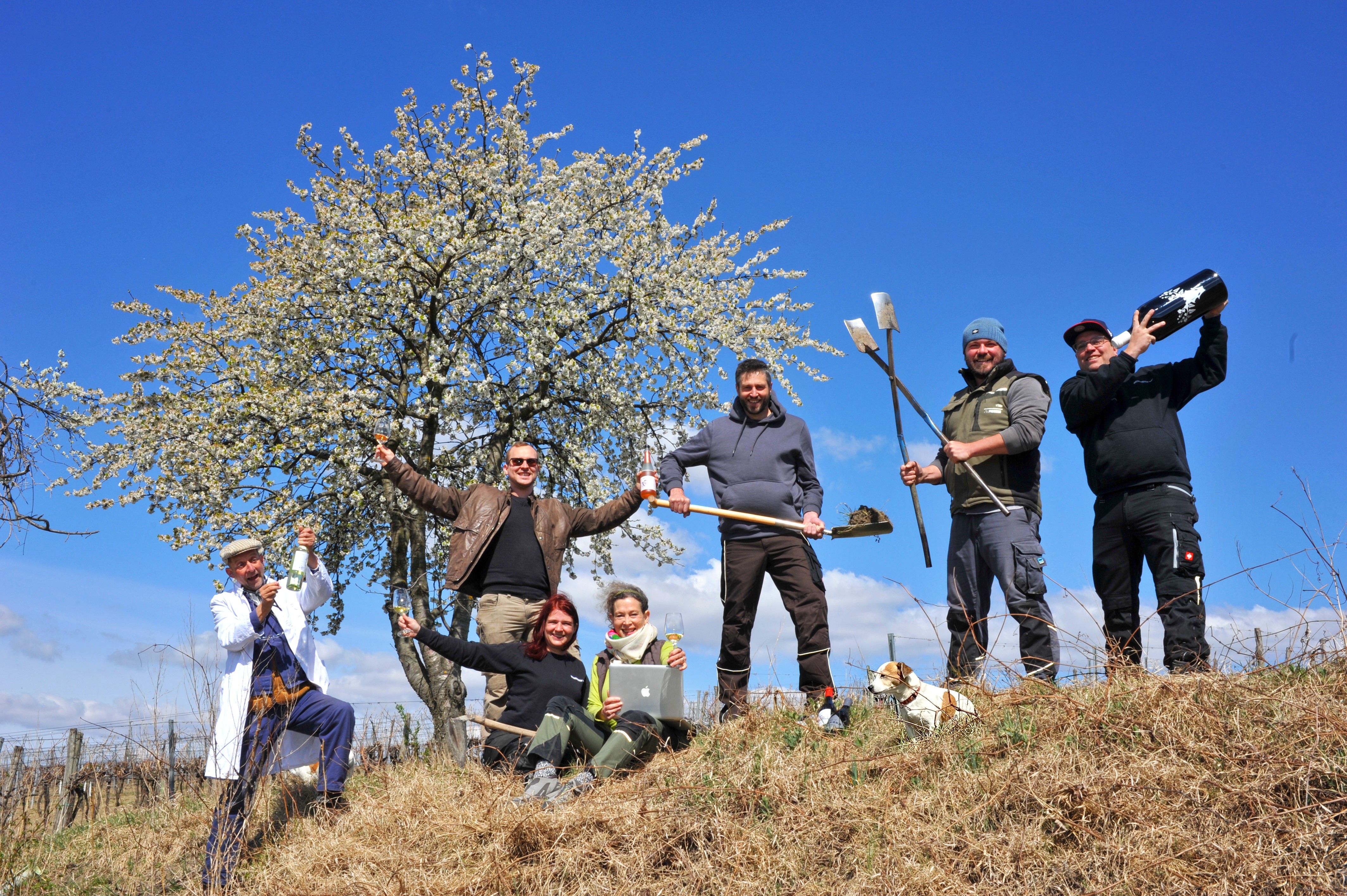Gruppe von Menschen mit Werkzeugen und Getränken vor einem blühenden Baum im Freien.