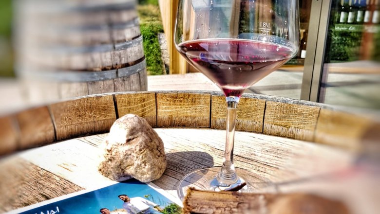 A wine glass with red wine stands on a wooden table next to brochures and a stone.