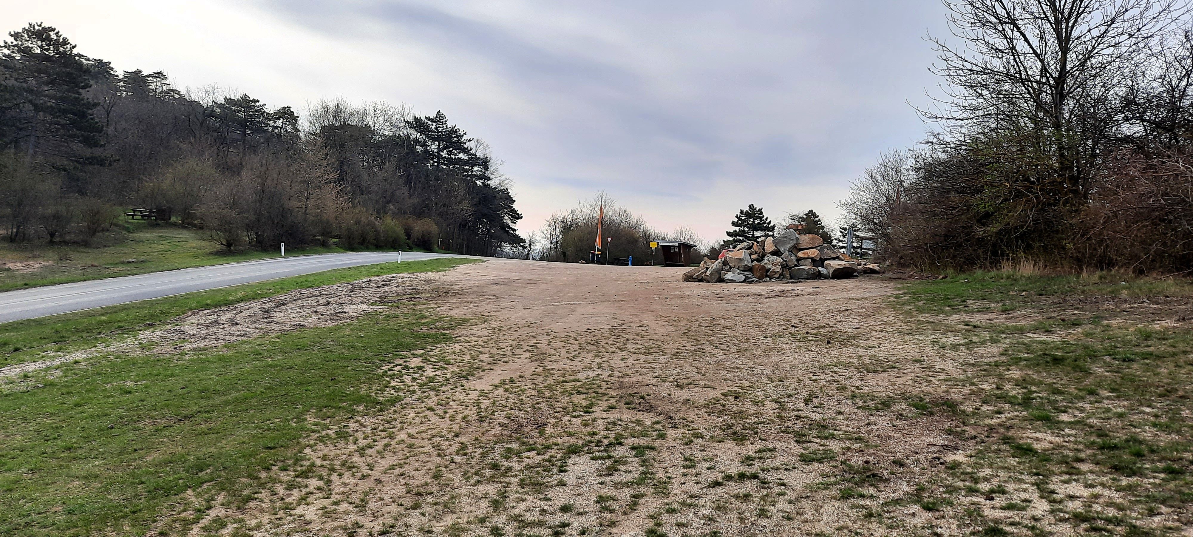 Leerer Wohnmobilstellplatz mit Bäumen und Straße.