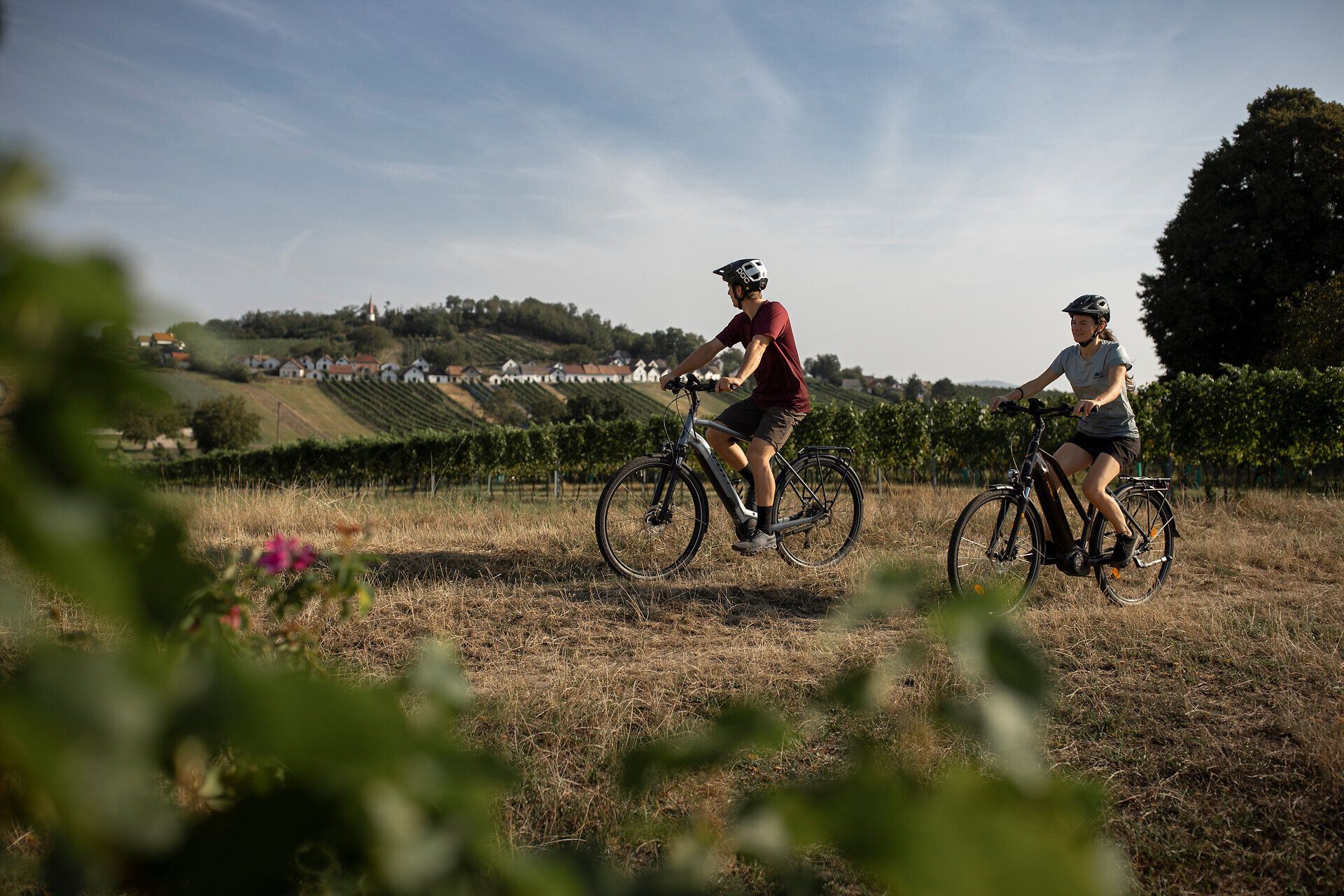 Sanfte Hügel und üppige Weinreben umgeben die Radfahrer, die in der warmen Sonne des Weinviertels unterwegs sind. Die frische Luft und die malerische Landschaft laden dazu ein, die Schönheit der Natur zu genießen und die Seele baumeln zu lassen.