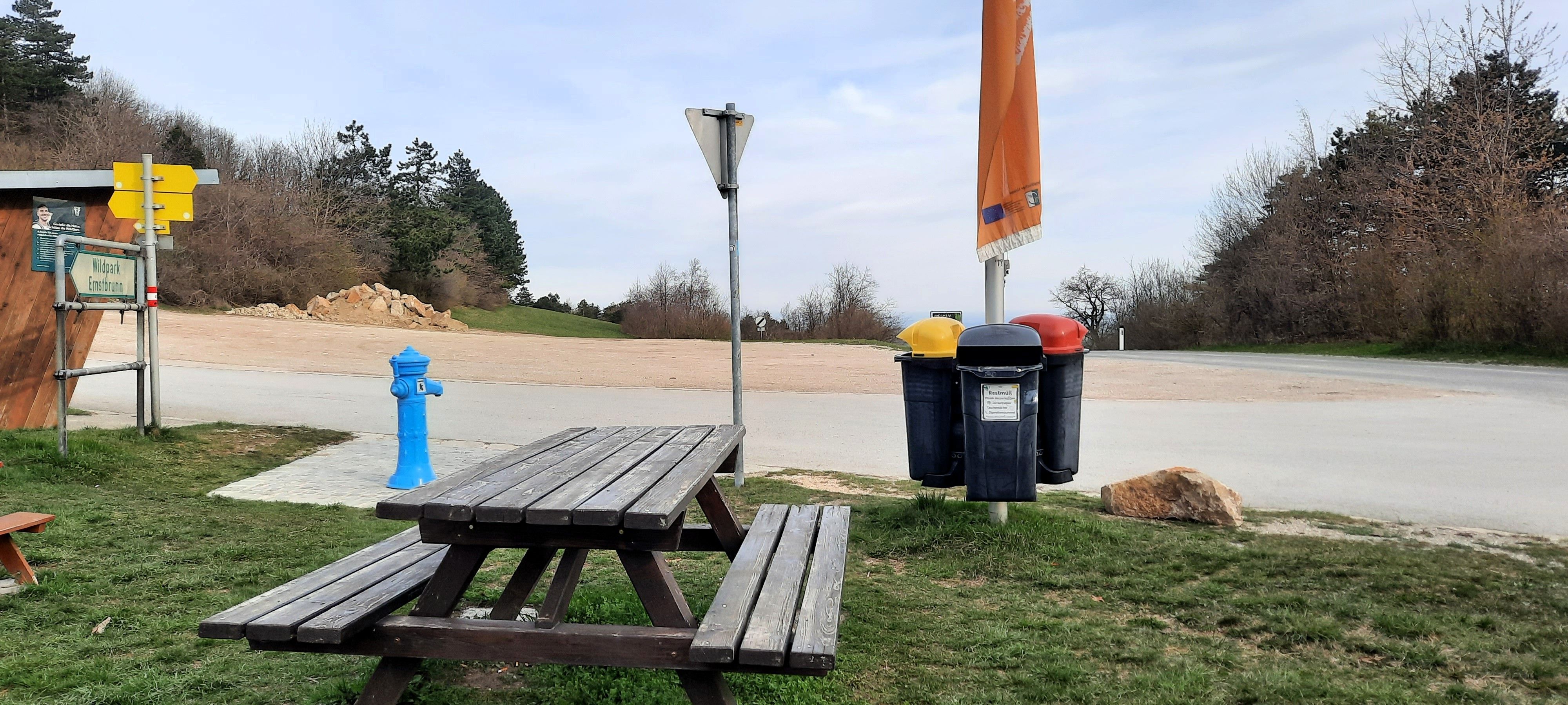 Piknikový stůl a odpadkový koš na parkovišti se stromy v pozadí.