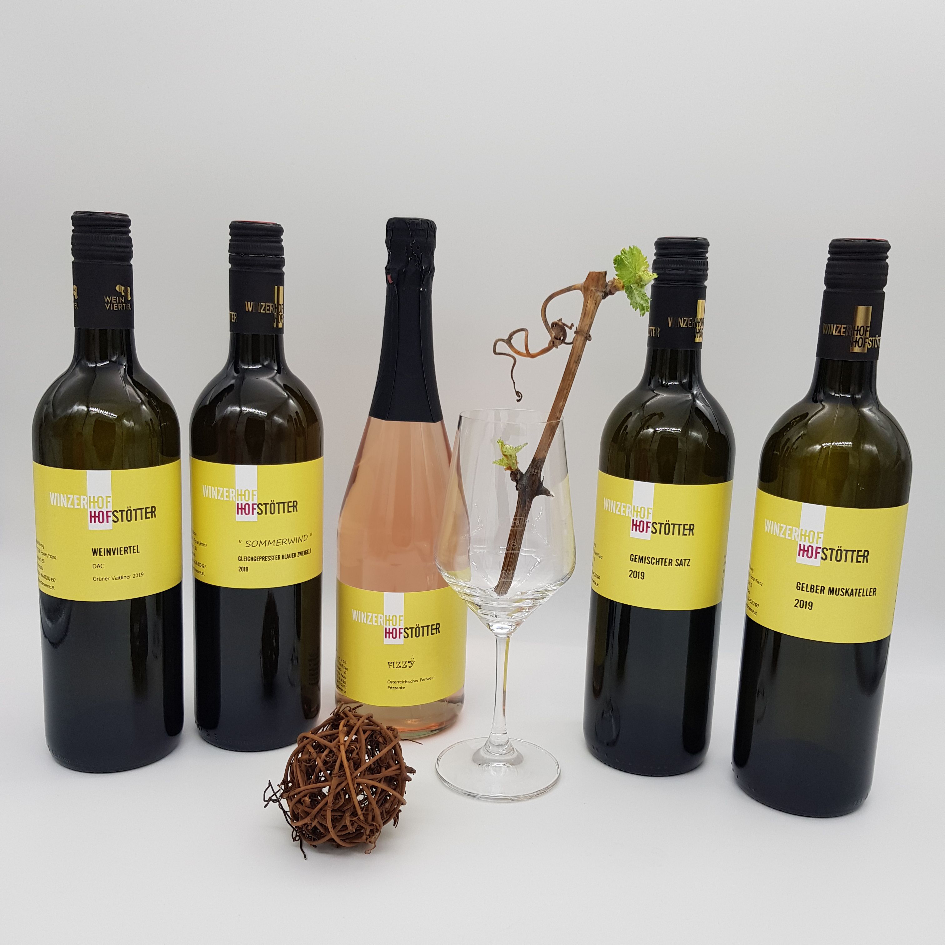 Five wine bottles and a wine glass with a vine on a white background.