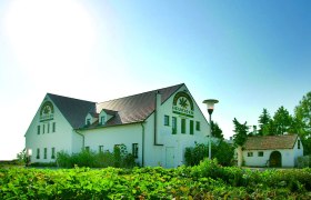 Au&szlig;enansicht eines Geb&auml;udes mit der Aufschrift 'Hanftalhof Heurigen Pension'.