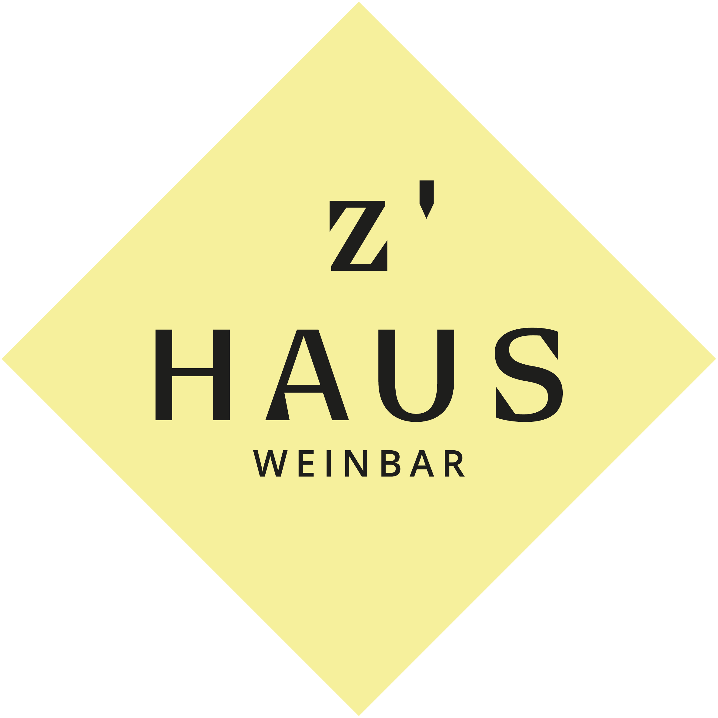 Logo der Z'Haus Weinbar auf gelbem Rautenhintergrund mit schwarzer Schrift.