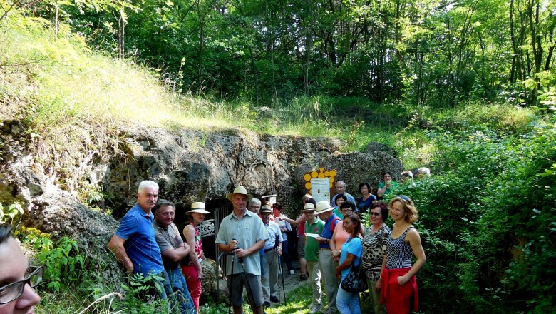 Gruppe von Menschen vor einer Höhle im Grünen.