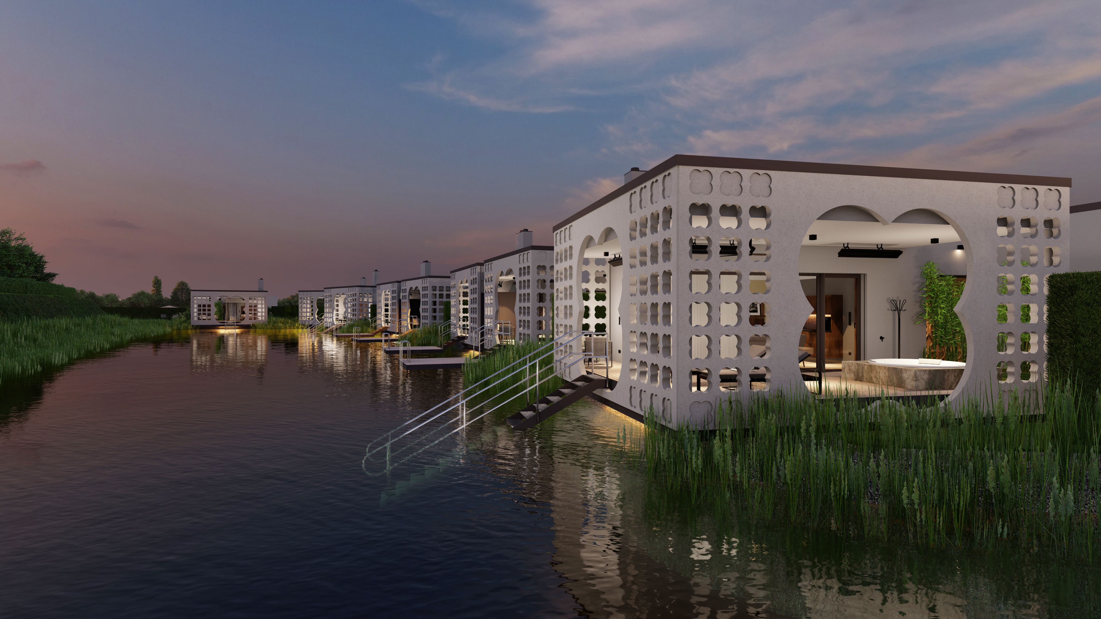 Moderne Villen am Wasser bei Sonnenuntergang.