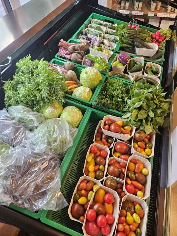 Frisches Gemüse in einem Dorfladen, darunter Tomaten, Kohl, Karotten und Kräuter.
