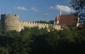 Stadtmauer mit Kanzlerturm und Pfarrkirche im Hintergrund, umgeben von Bäumen.