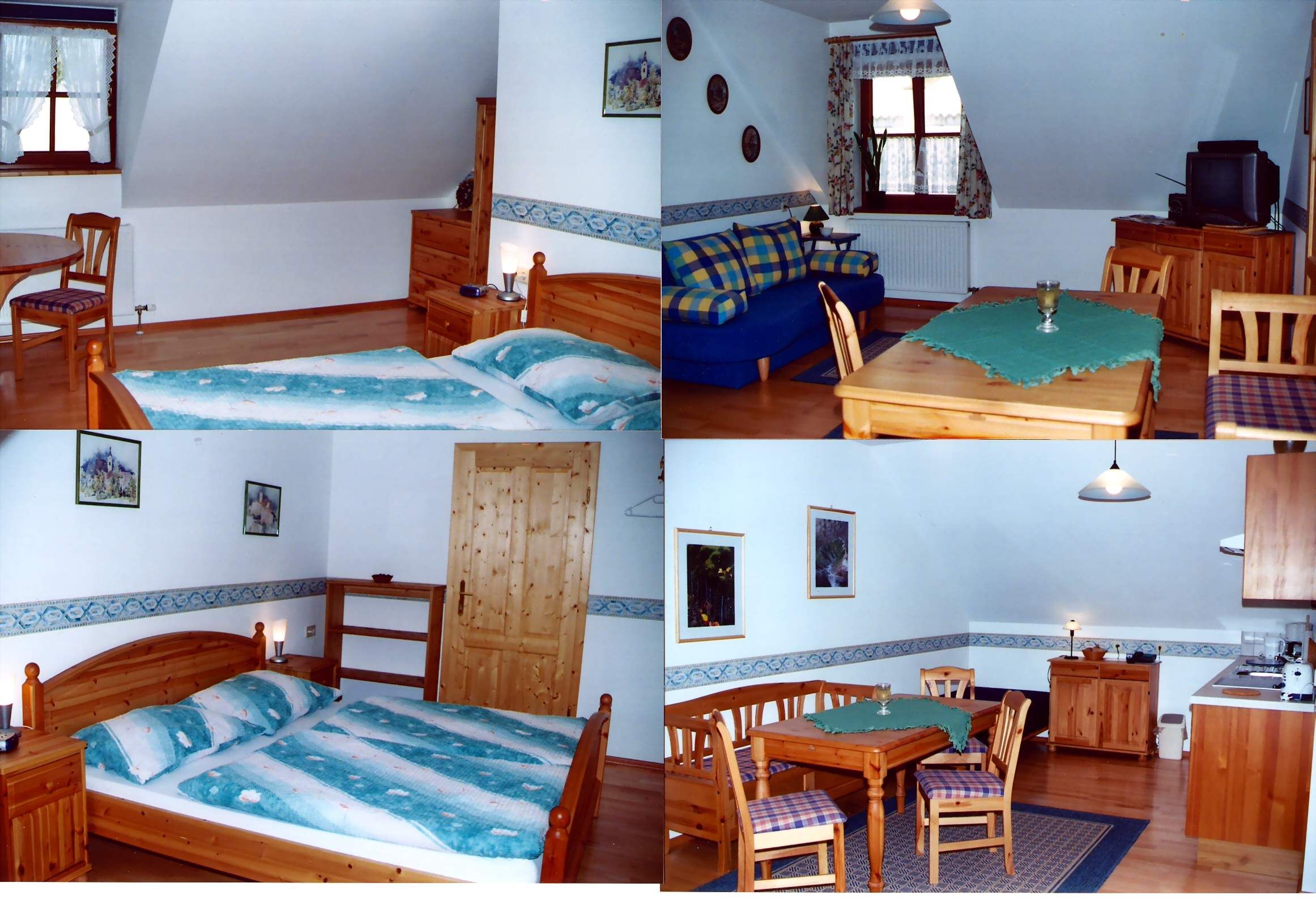 Innenansicht einer gemütlichen Ferienwohnung mit Holzmöbeln, Bett, Sofa und Esstisch.