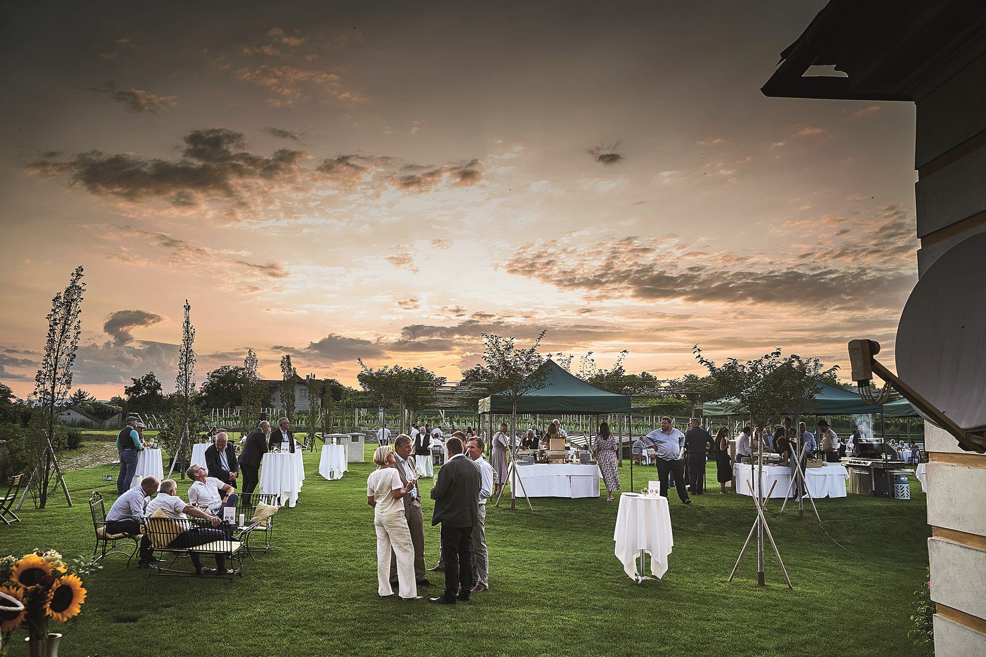 Gartenparty mit Gästen bei Sonnenuntergang, Tische und Zelte auf einer Wiese.