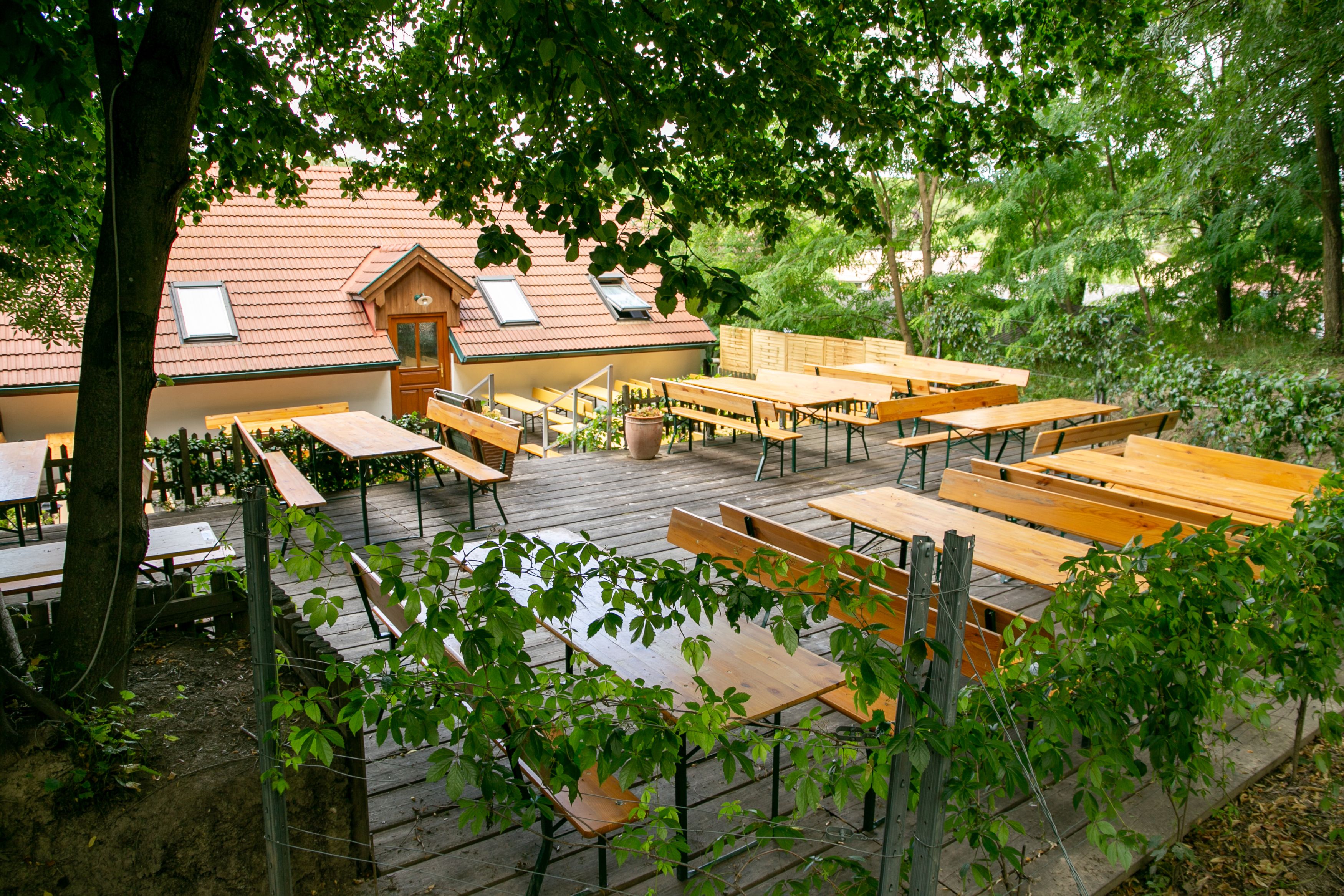 Ein leerer Biergarten mit Holzbänken und Tischen unter Bäumen, neben einem Gebäude mit rotem Ziegeldach.