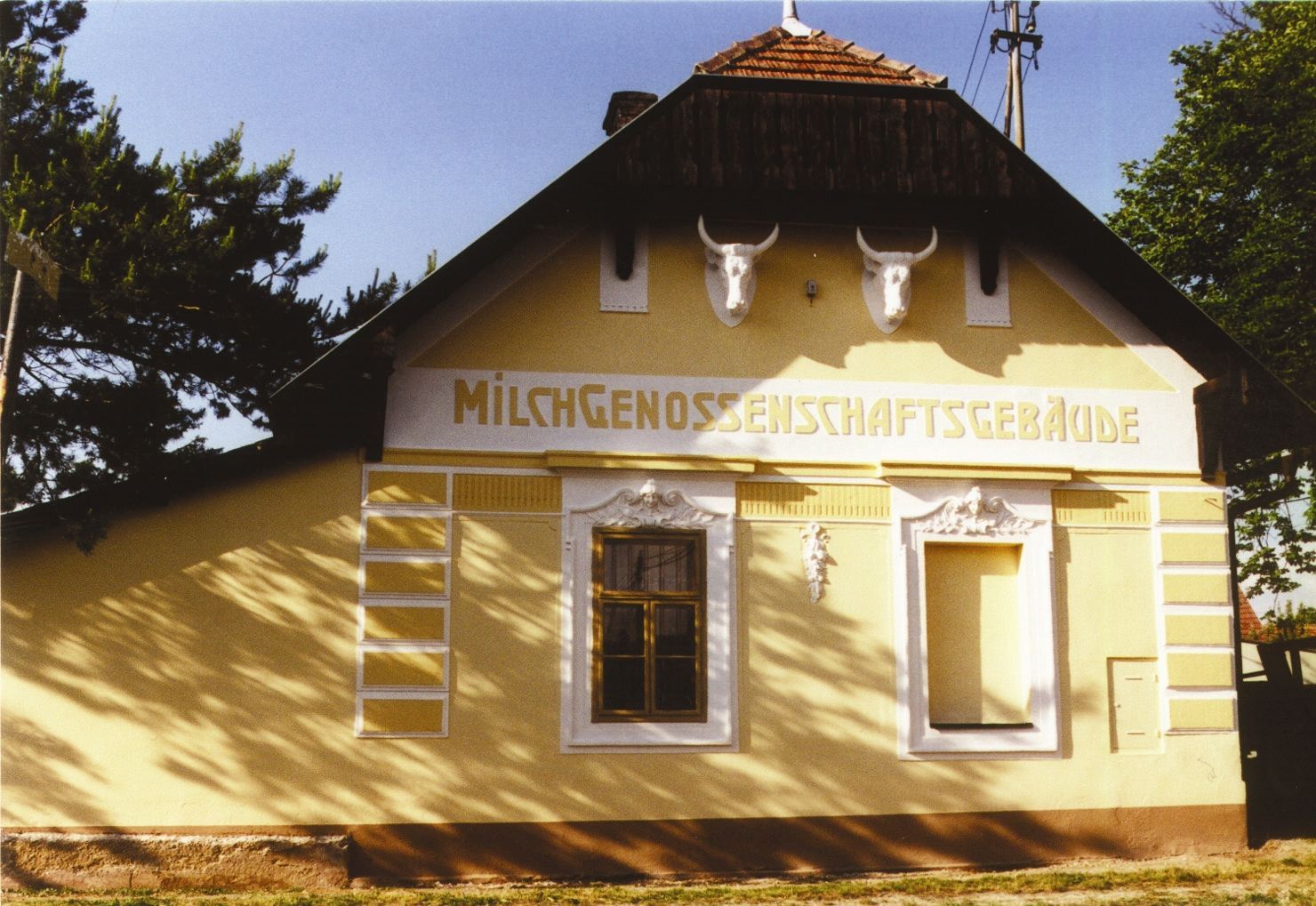 Ein gelbes Gebäude mit der Aufschrift 'Milchgenossenschaftsgebäude' und zwei Stierschädeln an der Fassade.