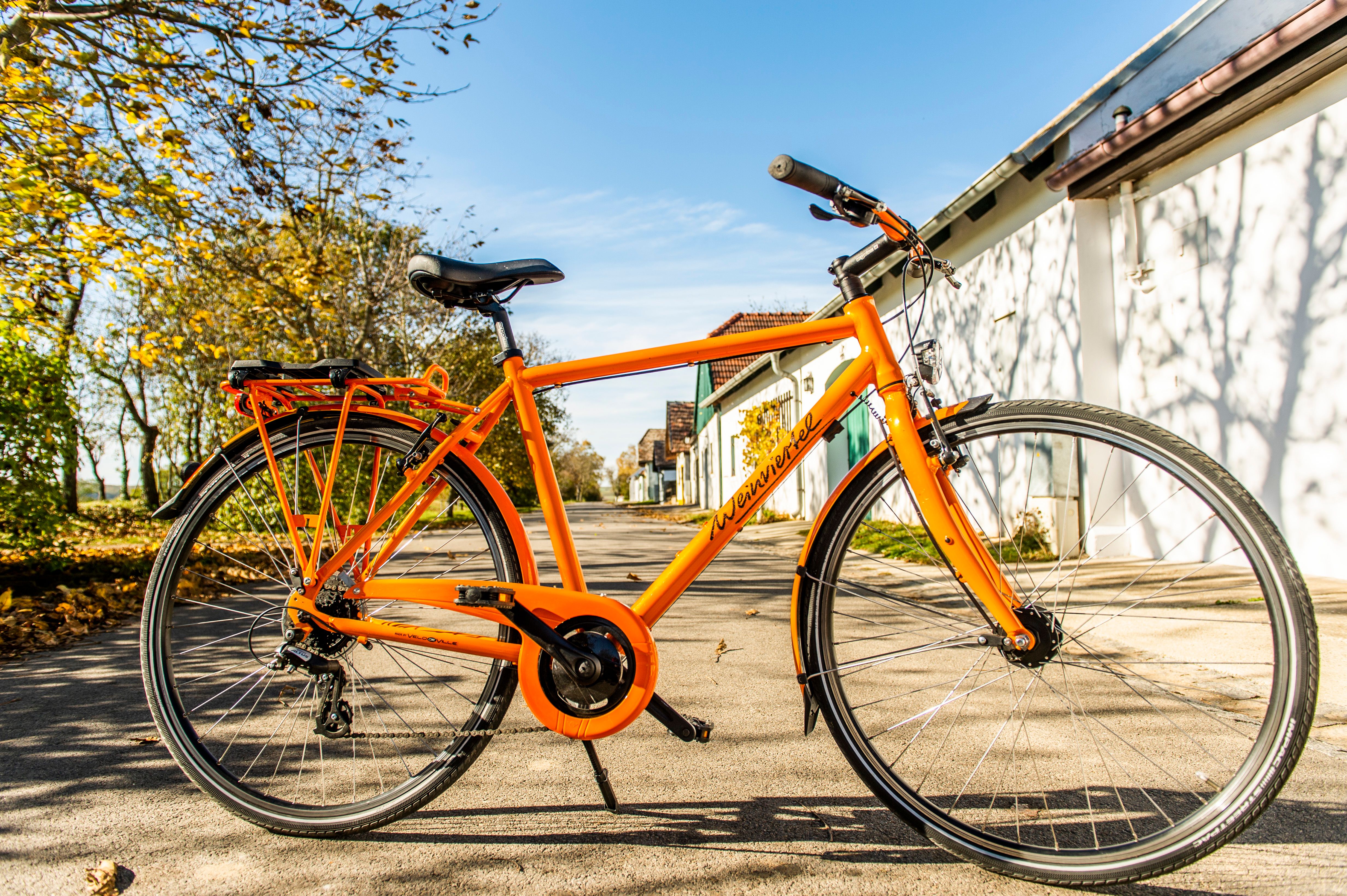 An orange bicycle is parked on a sunny street, surrounded by trees and buildings.