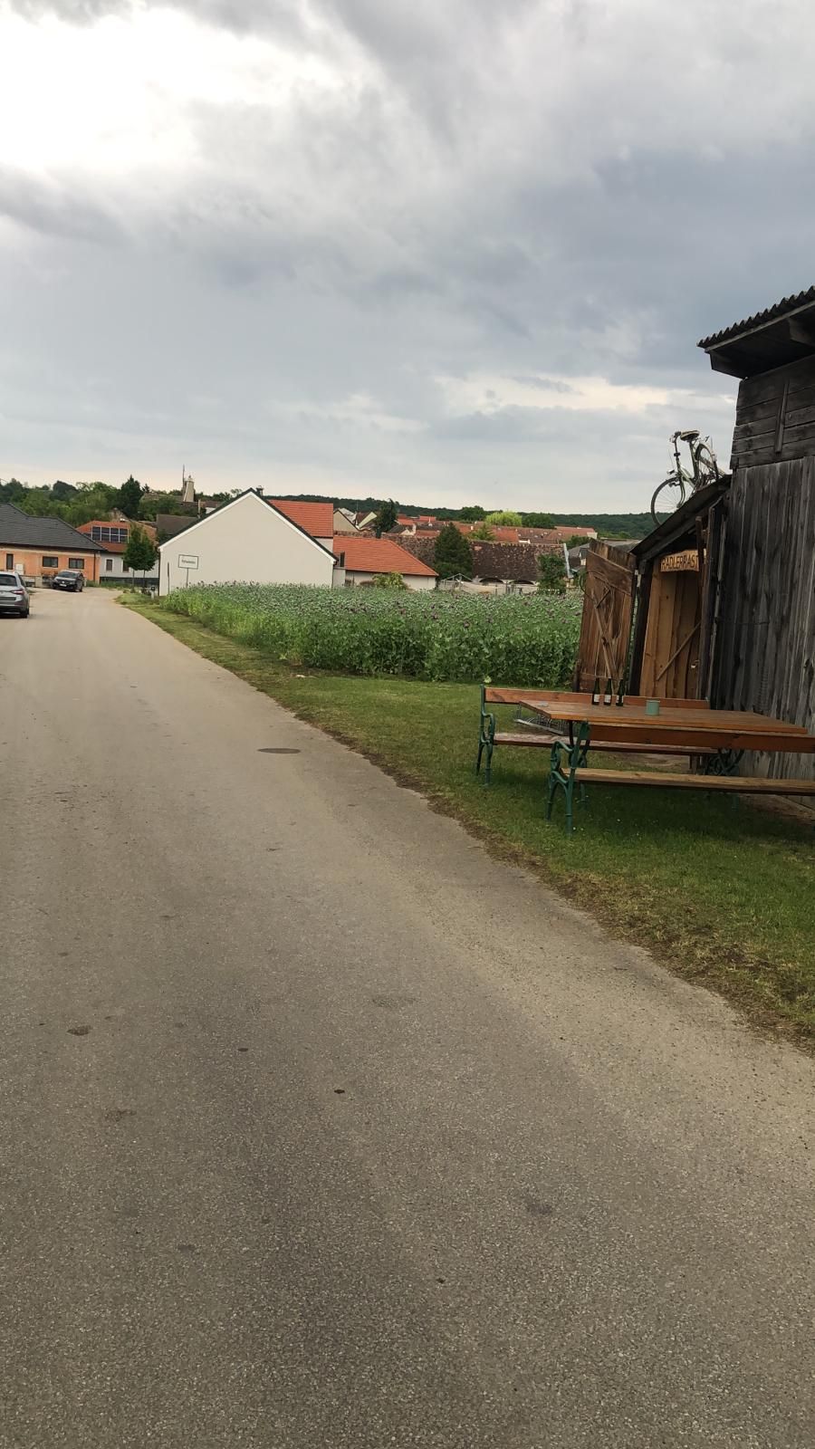 Dorfstraße mit Holzhütte und Fahrrad auf dem Dach, Bänke und Tisch daneben, Felder und Häuser im Hintergrund.