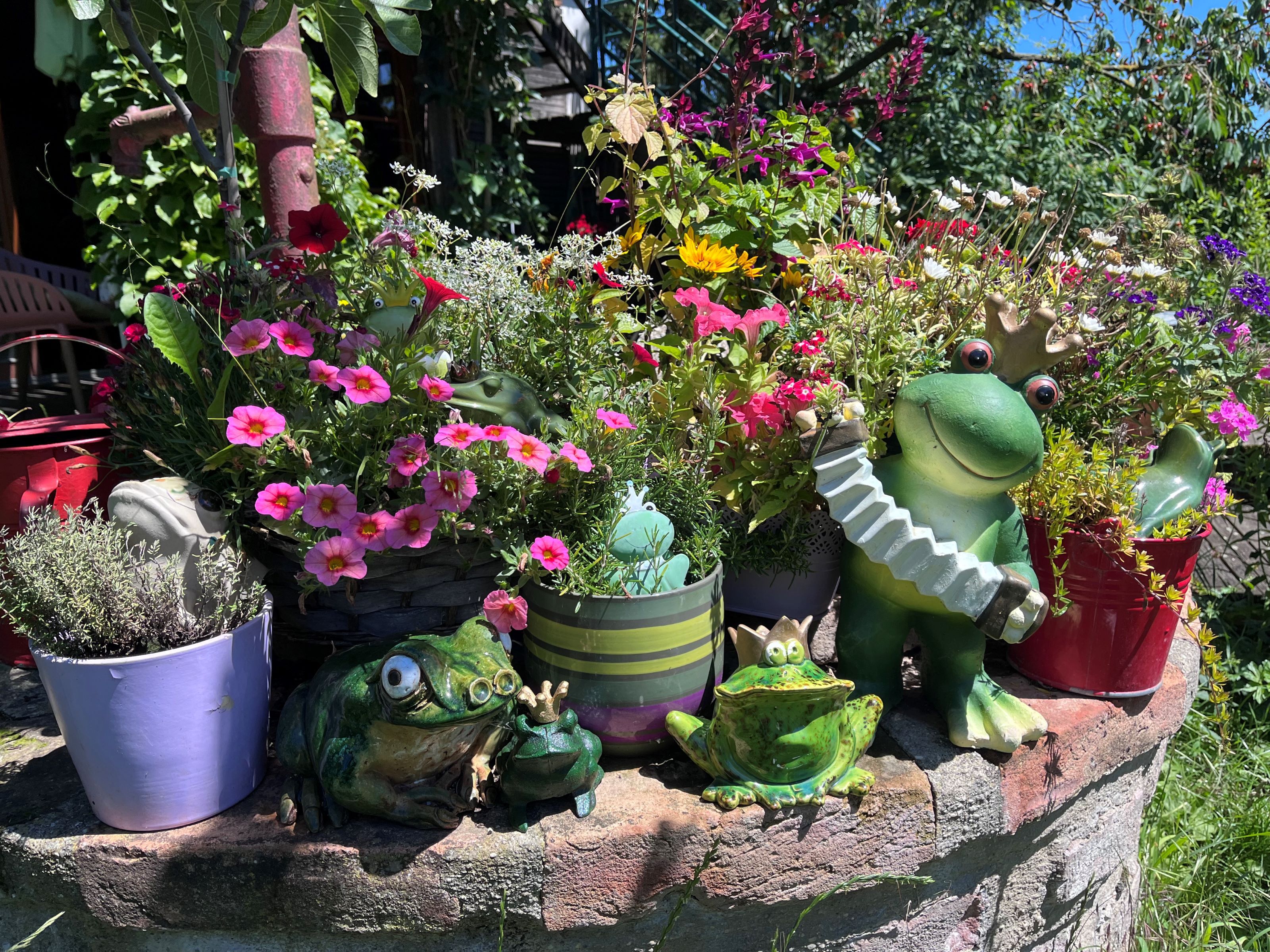 Garten mit bunten Blumen und Froschfiguren.