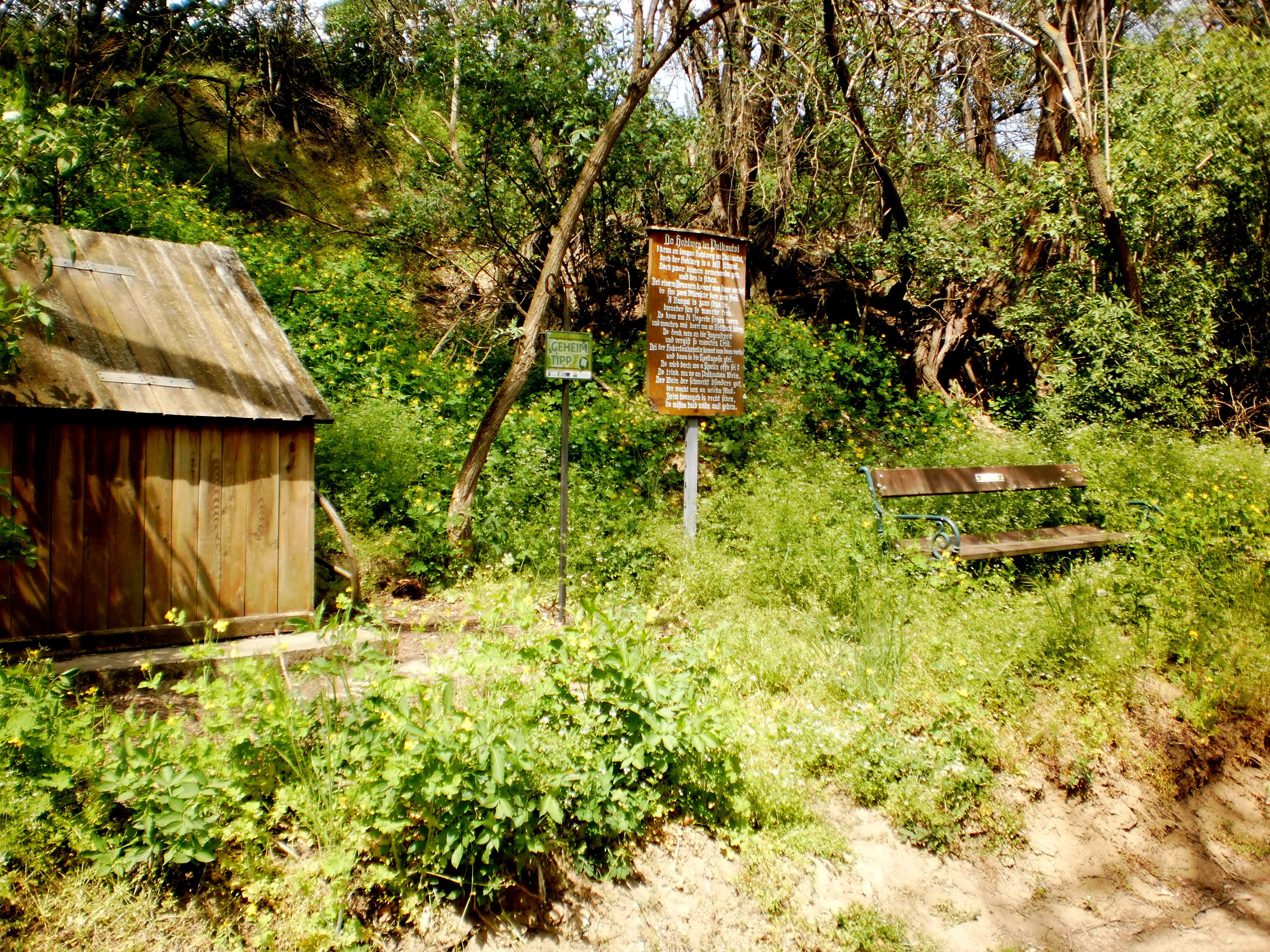 Holzhütte, Bank und Schilder in einem bewaldeten Gebiet.
