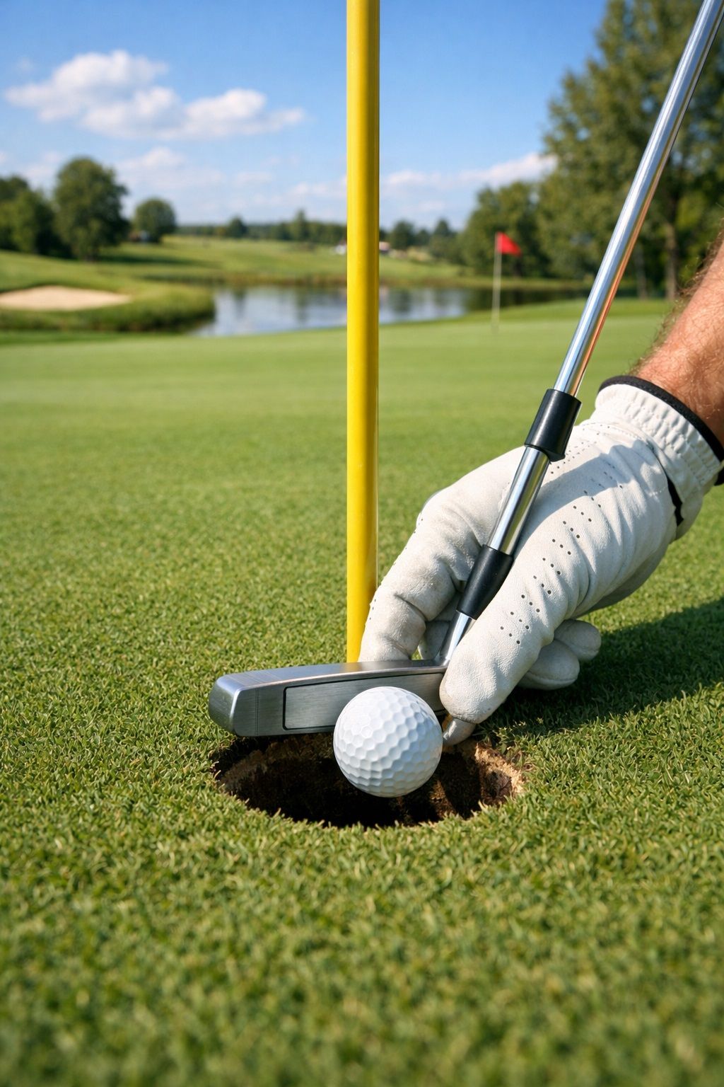Ein Golfer mit Handschuh puttet einen Golfball in ein Loch auf einem gepflegten Grün mit einem gelben Flaggenstock.