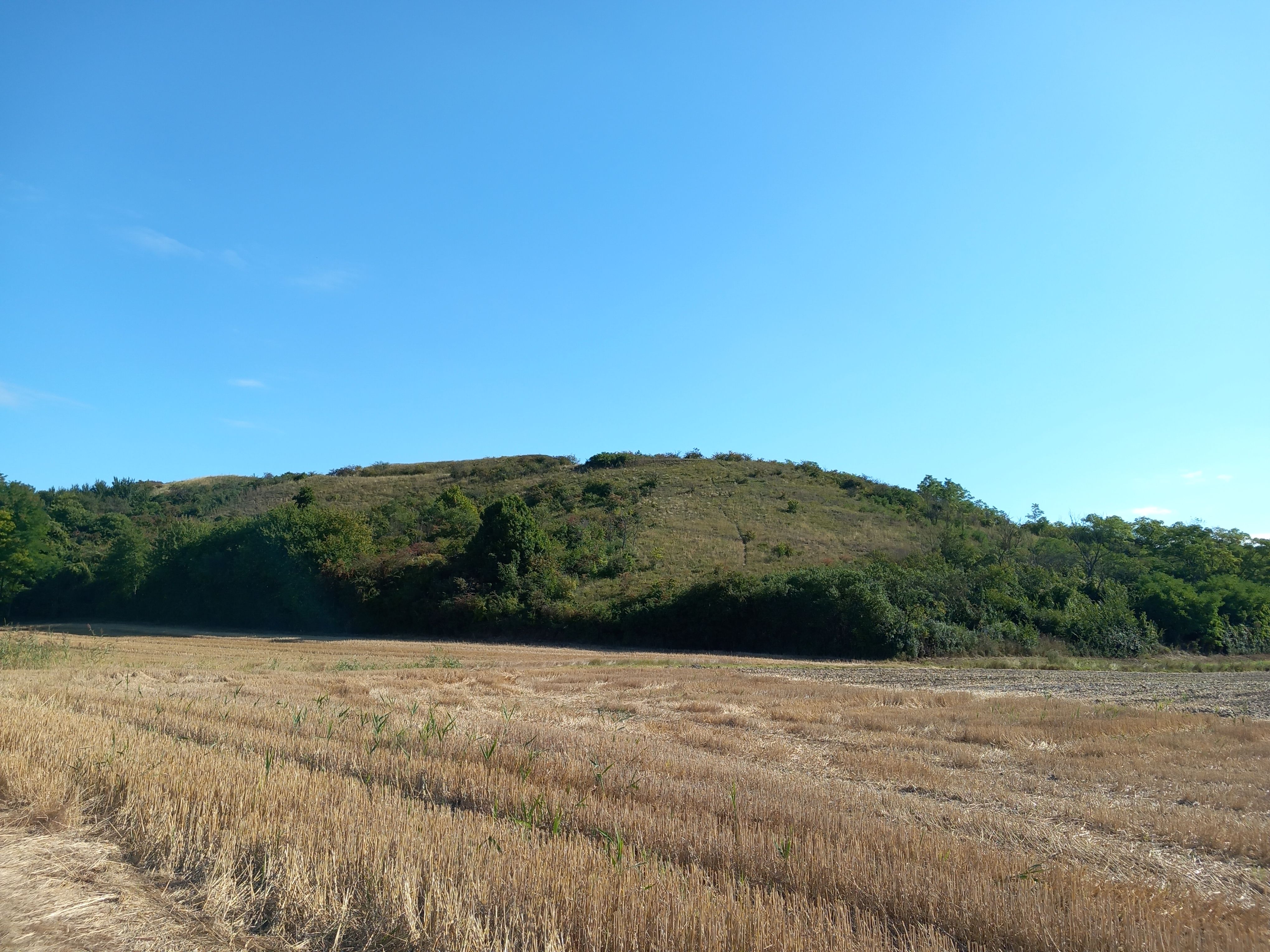 Landscape with hills and fields under a blue sky.