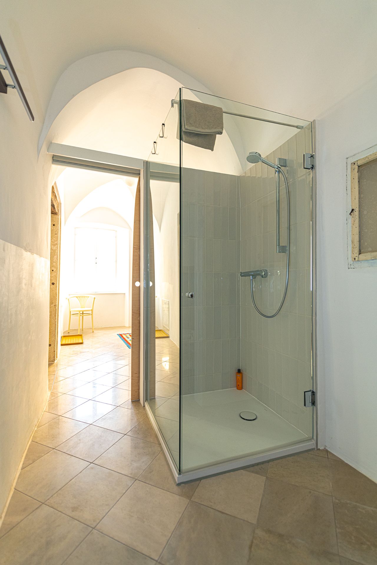 Moderne Dusche mit Glastüren in einem hellen Raum mit gewölbter Decke.
