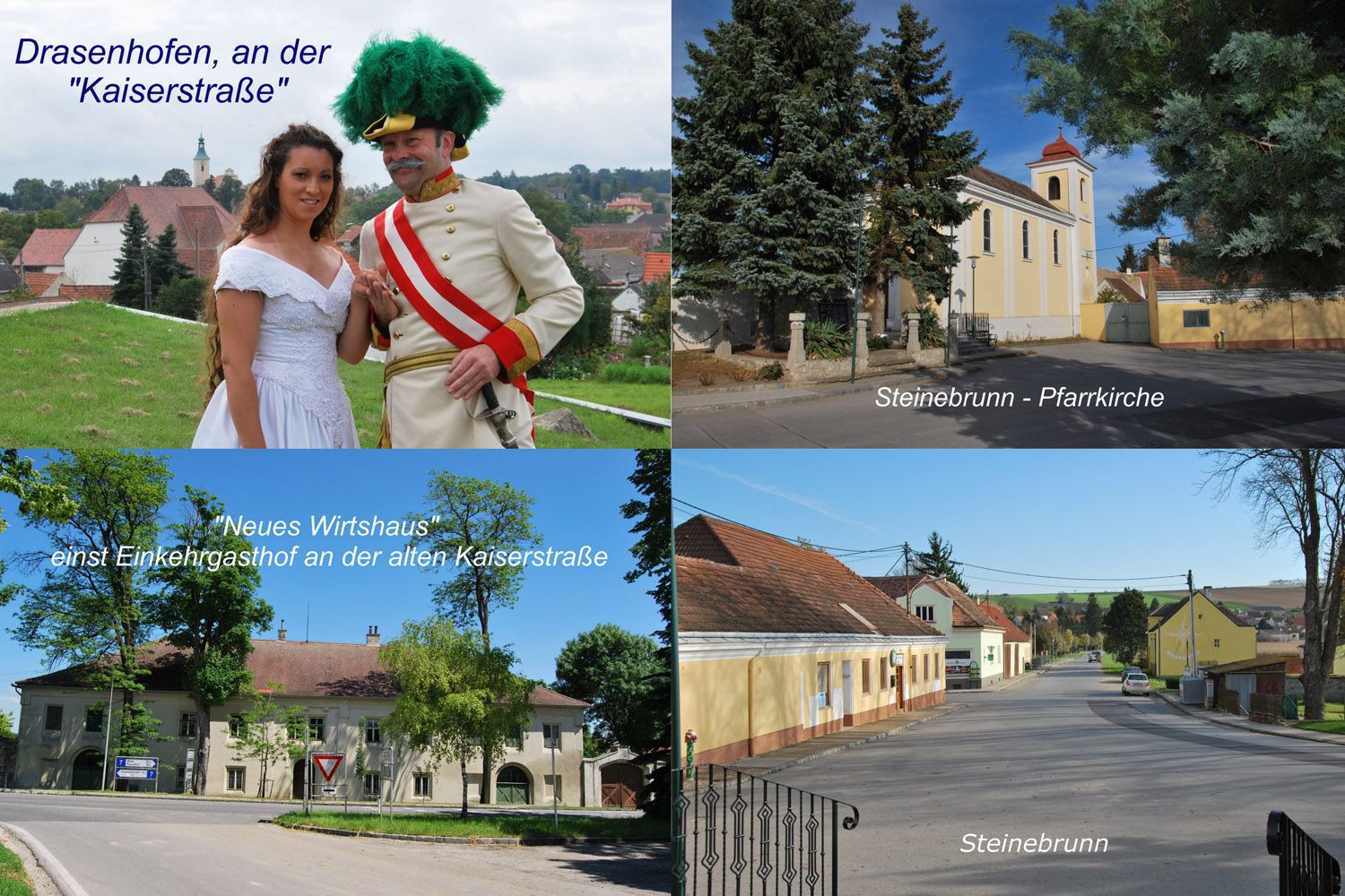 Collage von Drasenhofen mit Personen in historischen Kostümen, einer Kirche in Steinebrunn und einem alten Gasthof.