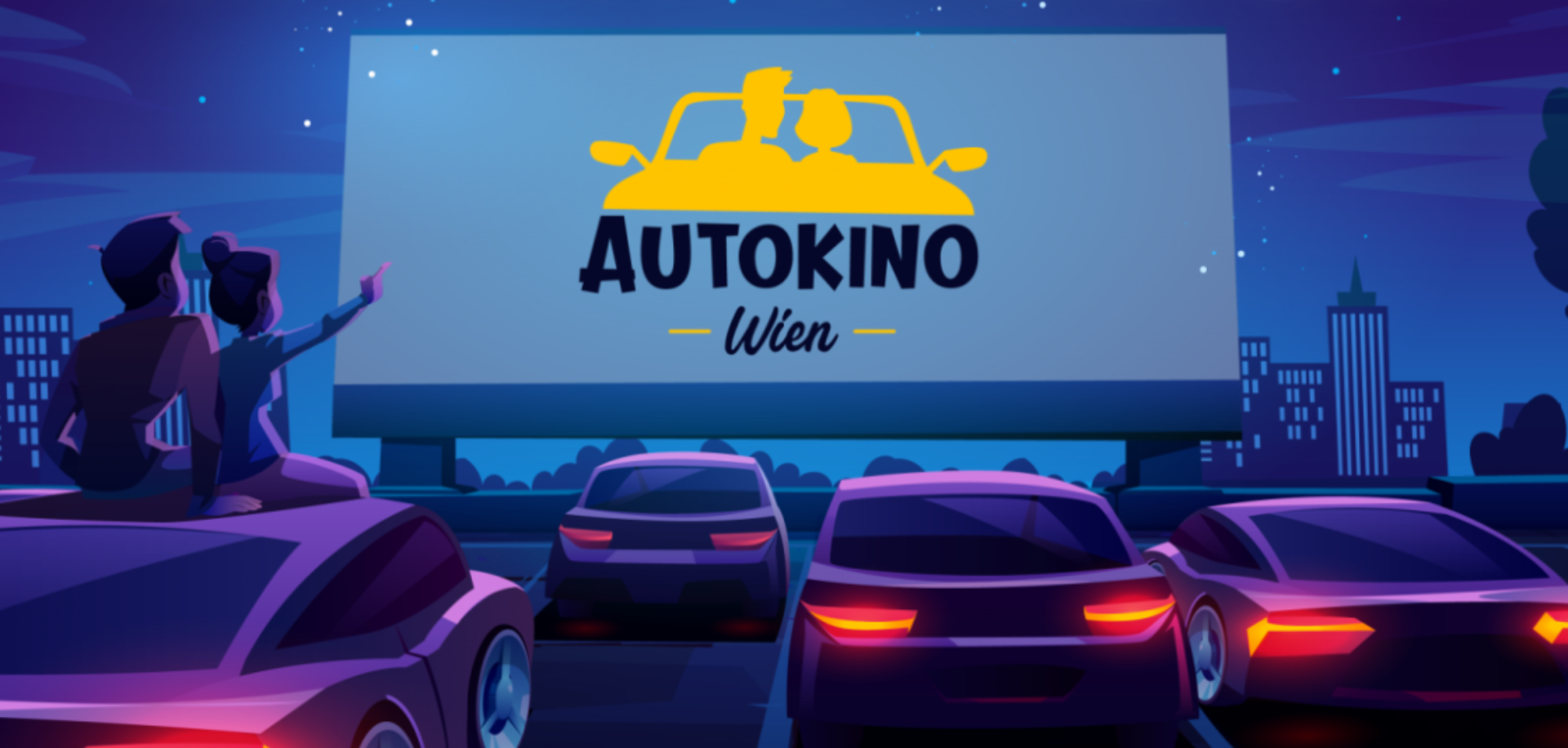 Illustration of a drive-in movie theater in Vienna at night with cars and a large screen.