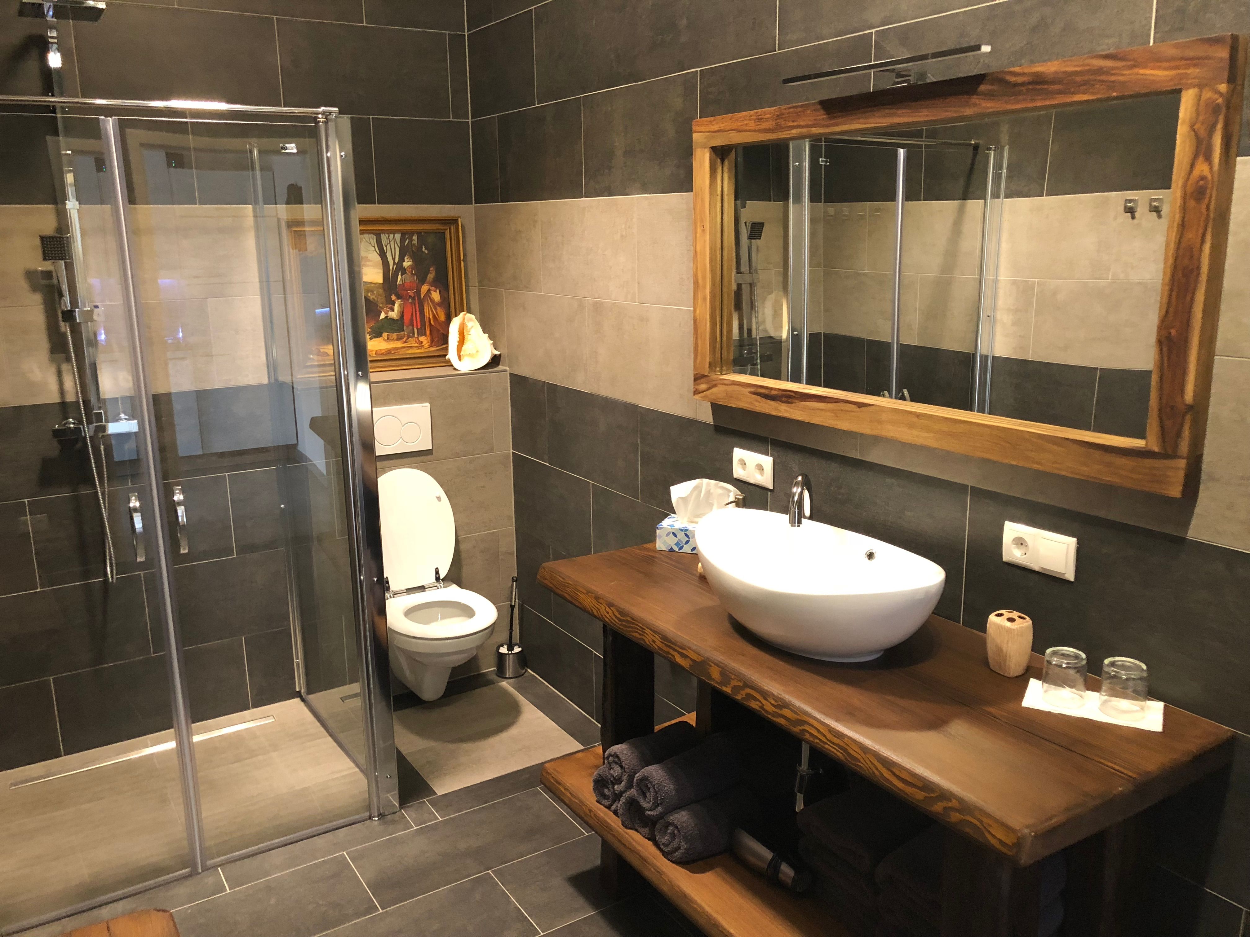 Modernes Badezimmer mit Dusche, Toilette und Waschbecken.