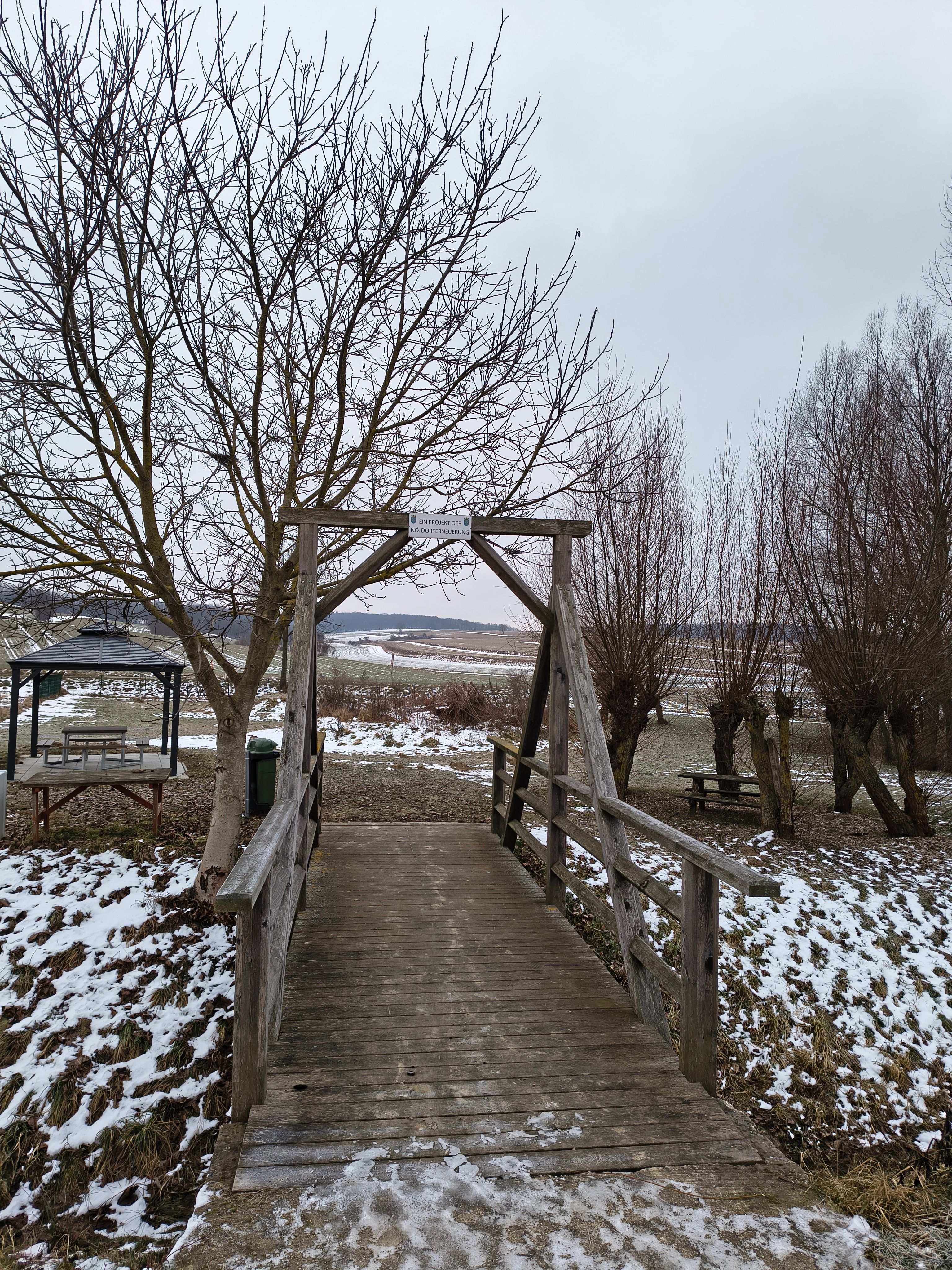 Wooden bridge in winter with bare trees and light snowfall.