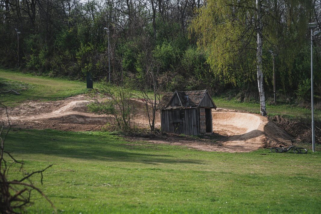 A mountain bike trail with a wooden cabin and a bicycle in the foreground, surrounded by trees and grass.
