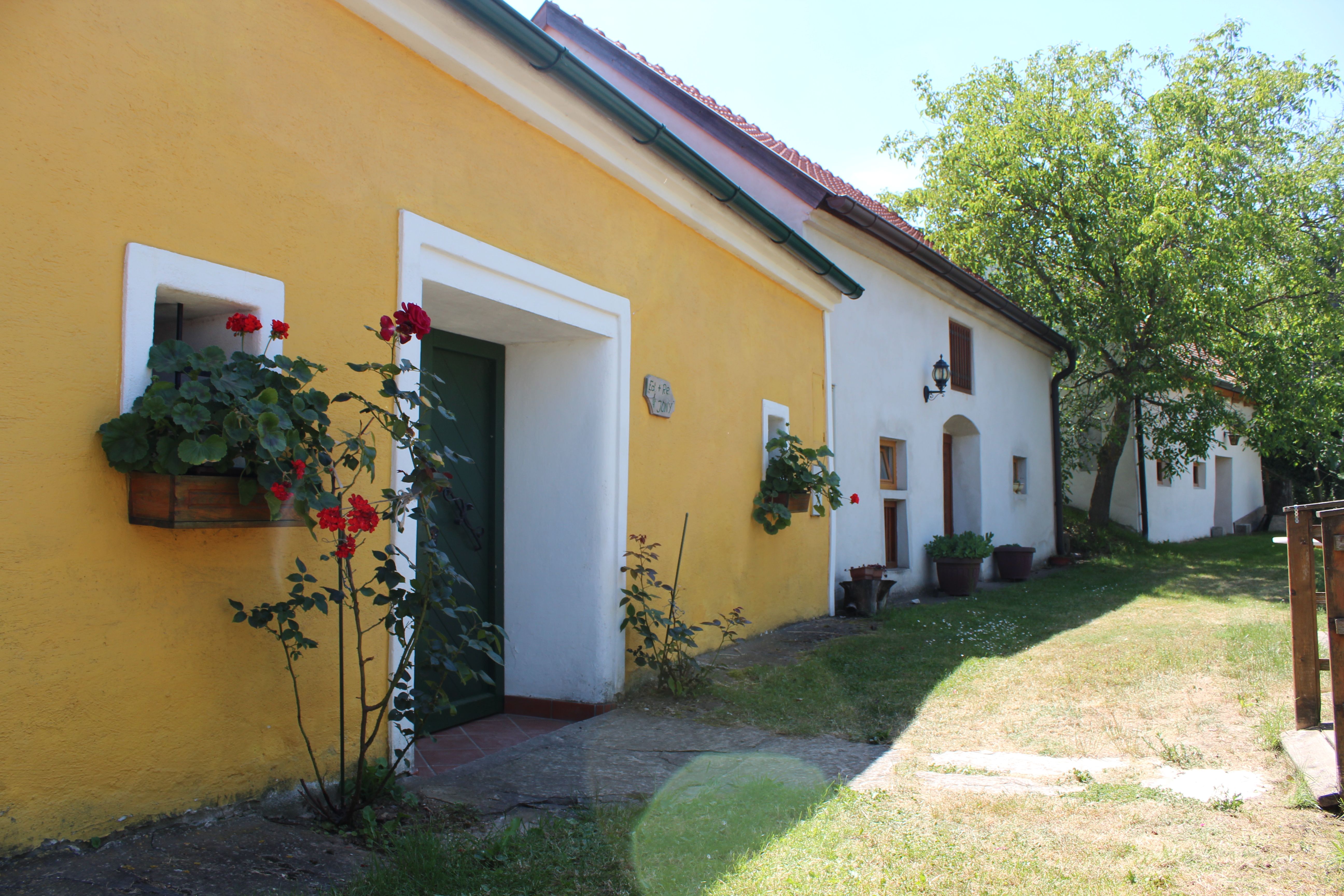 Žlutobílá budova ve sklepní uličce s květinami a stromy.