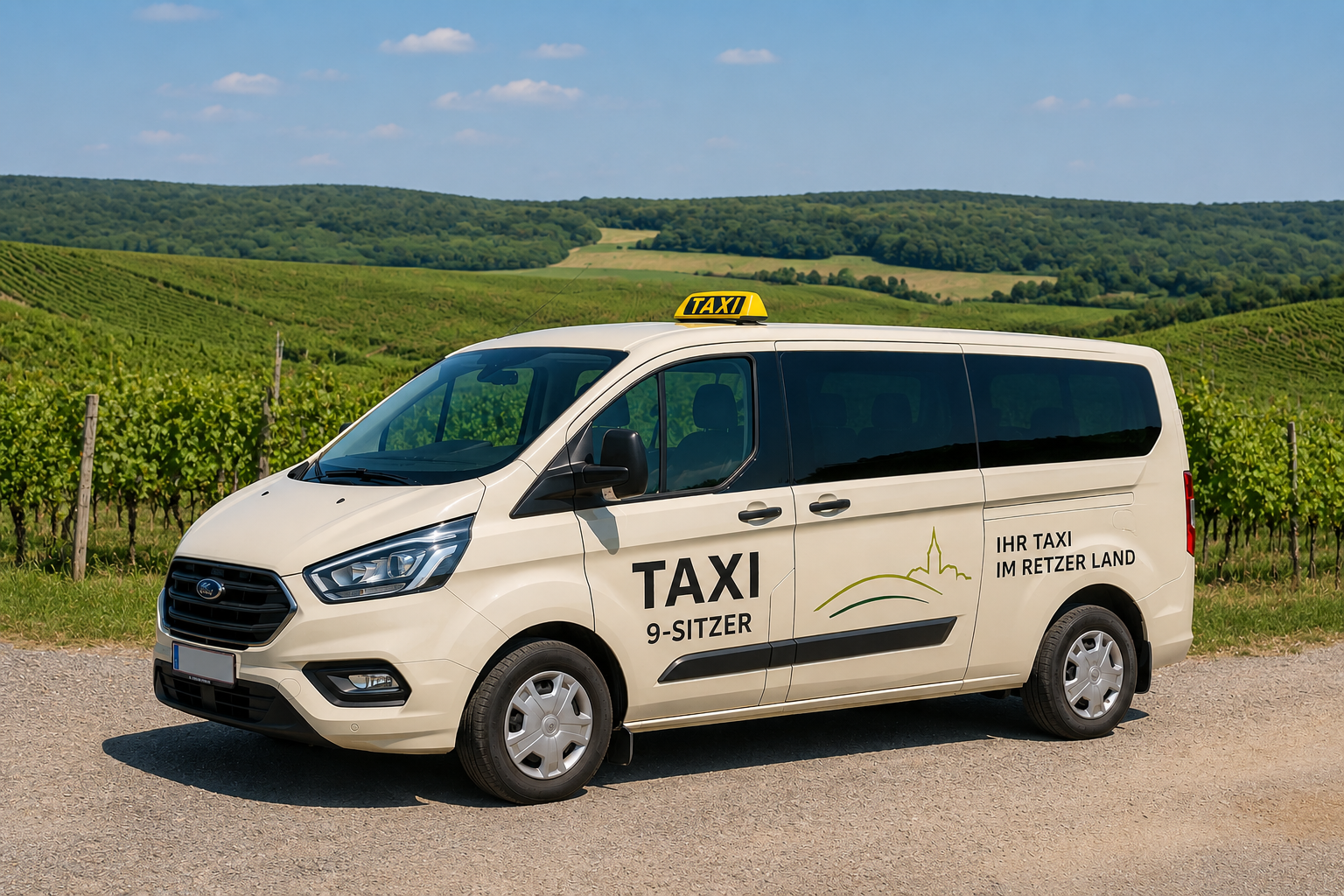 Ein 9-Sitzer-Bus Symbolbild im Retzer Land vor einem Weinberg. Das Bild wurde mit KI erstellt.