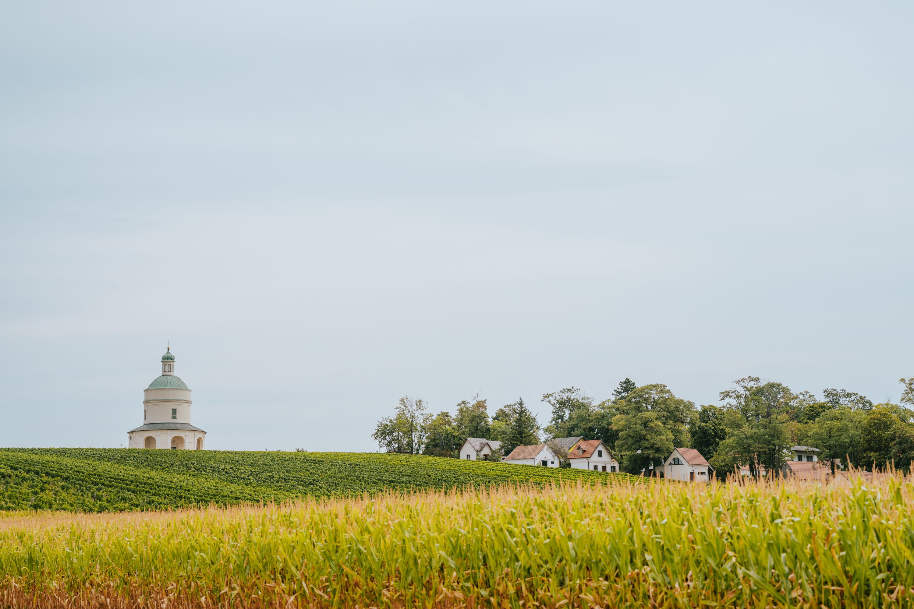Landschaft mit einem runden Gebäude und mehreren kleinen Häusern am Waldrand.