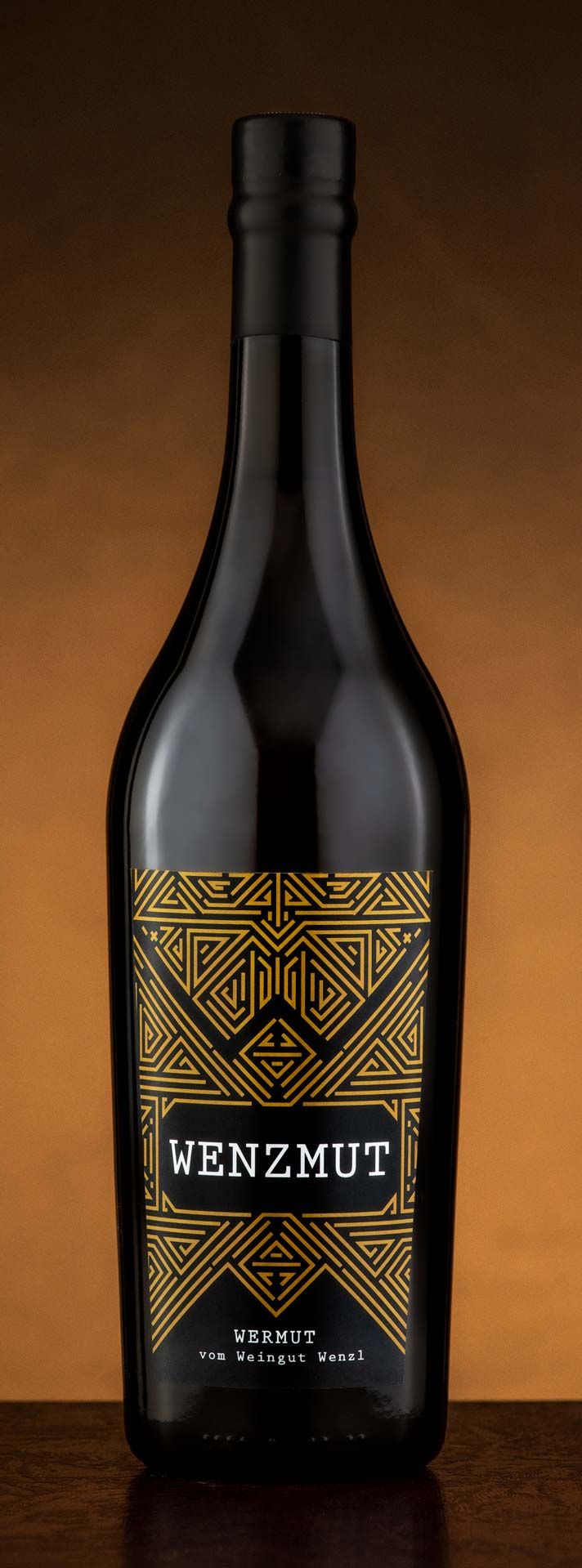 Bottle of vermouth from the Wenzl winery with geometric label.