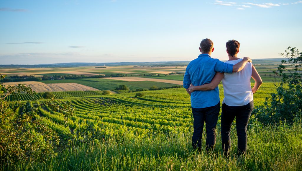 A couple stands embracing on a hill overlooking a vast wine landscape at sunset.