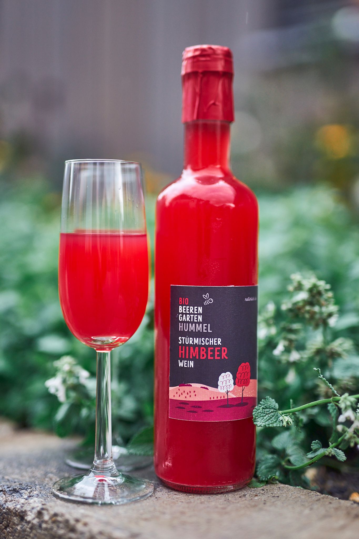 Eine Flasche und ein Glas mit rotem Himbeerwein vor einem unscharfen Hintergrund.