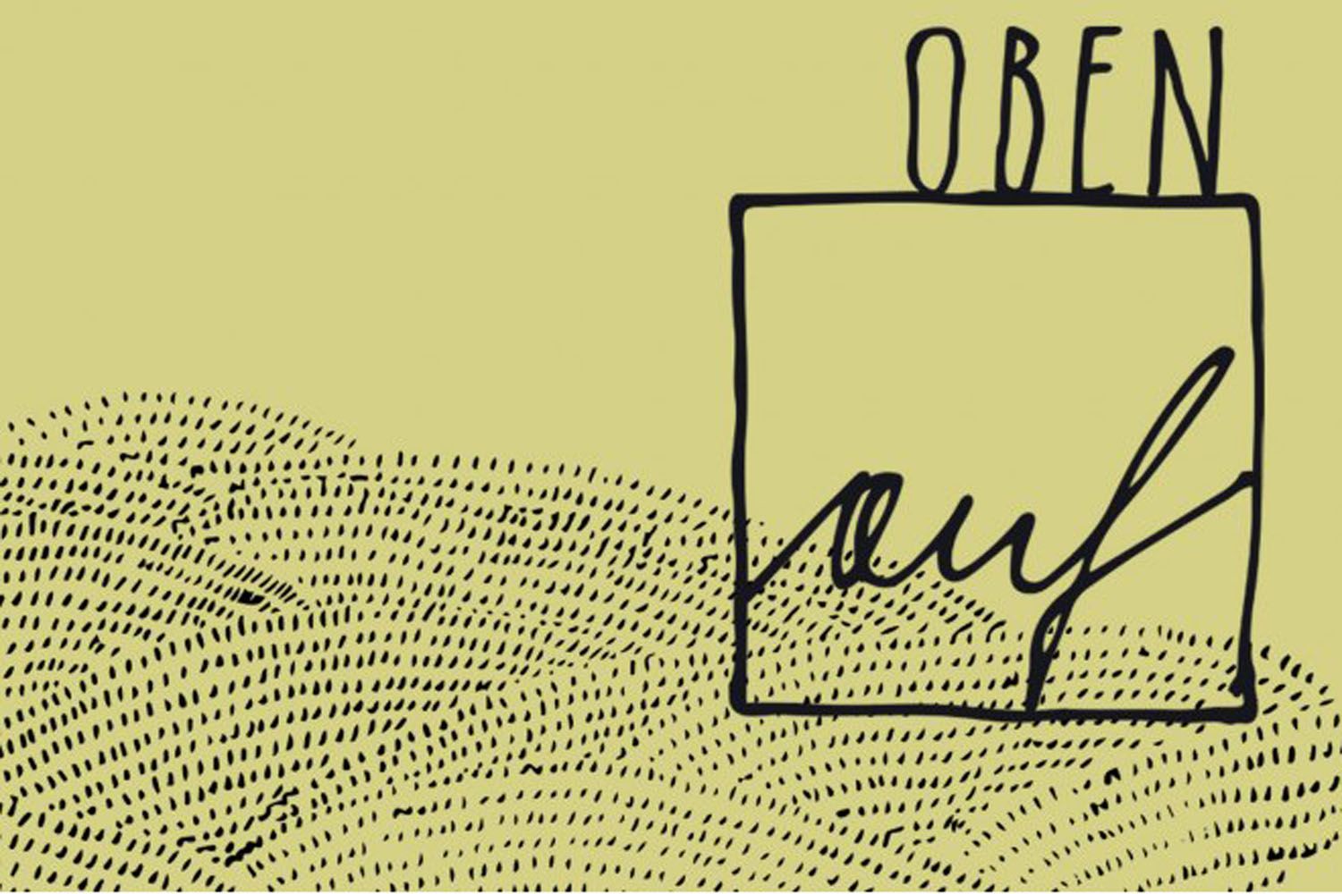 Grafik mit dem Wort 'OBEN' über einem Rechteck, das das Wort 'auf' enthält, auf einem hellgrünen Hintergrund mit schwarzen Strichen.