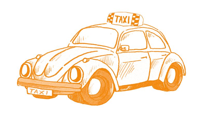 Illustriertes Taxi in oranger Farbe.