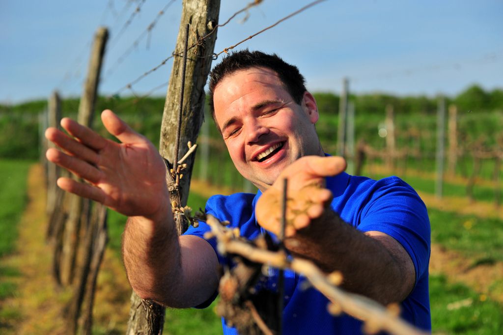 Man in blue shirt smiling in a vineyard.