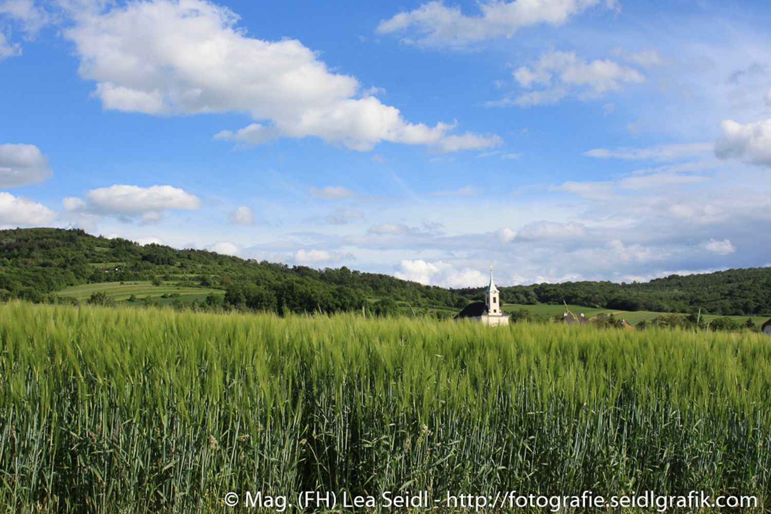 Landschaft mit grünem Feld, Kirche im Hintergrund und blauem Himmel mit Wolken.
