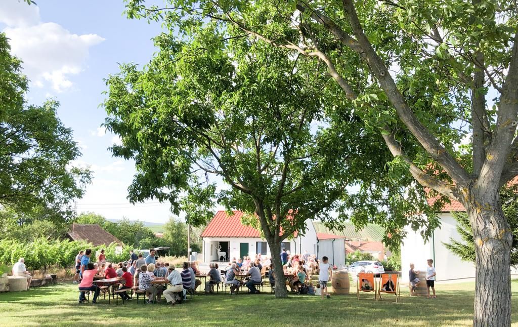 Menschen sitzen im Freien unter Bäumen an Tischen, im Hintergrund ein Gebäude mit rotem Dach.