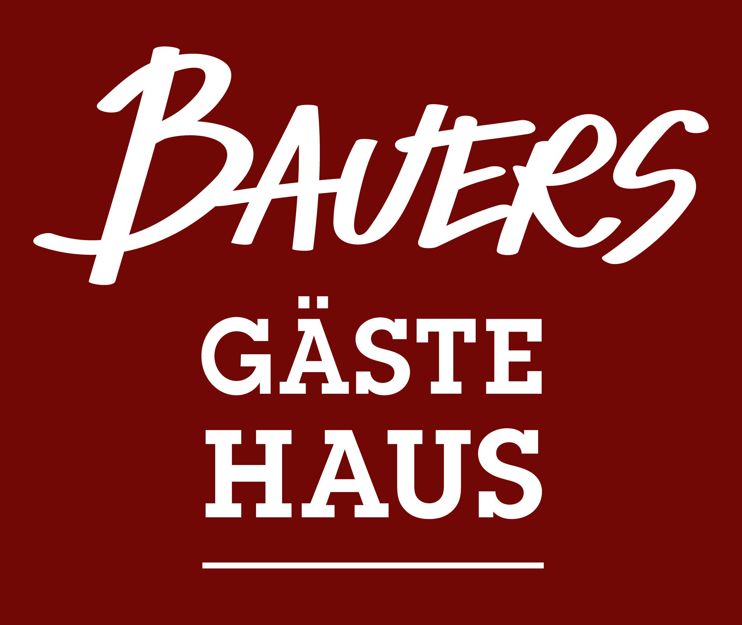 Logo s bílým textem "Bauers Gästehaus" na tmavě červeném pozadí.