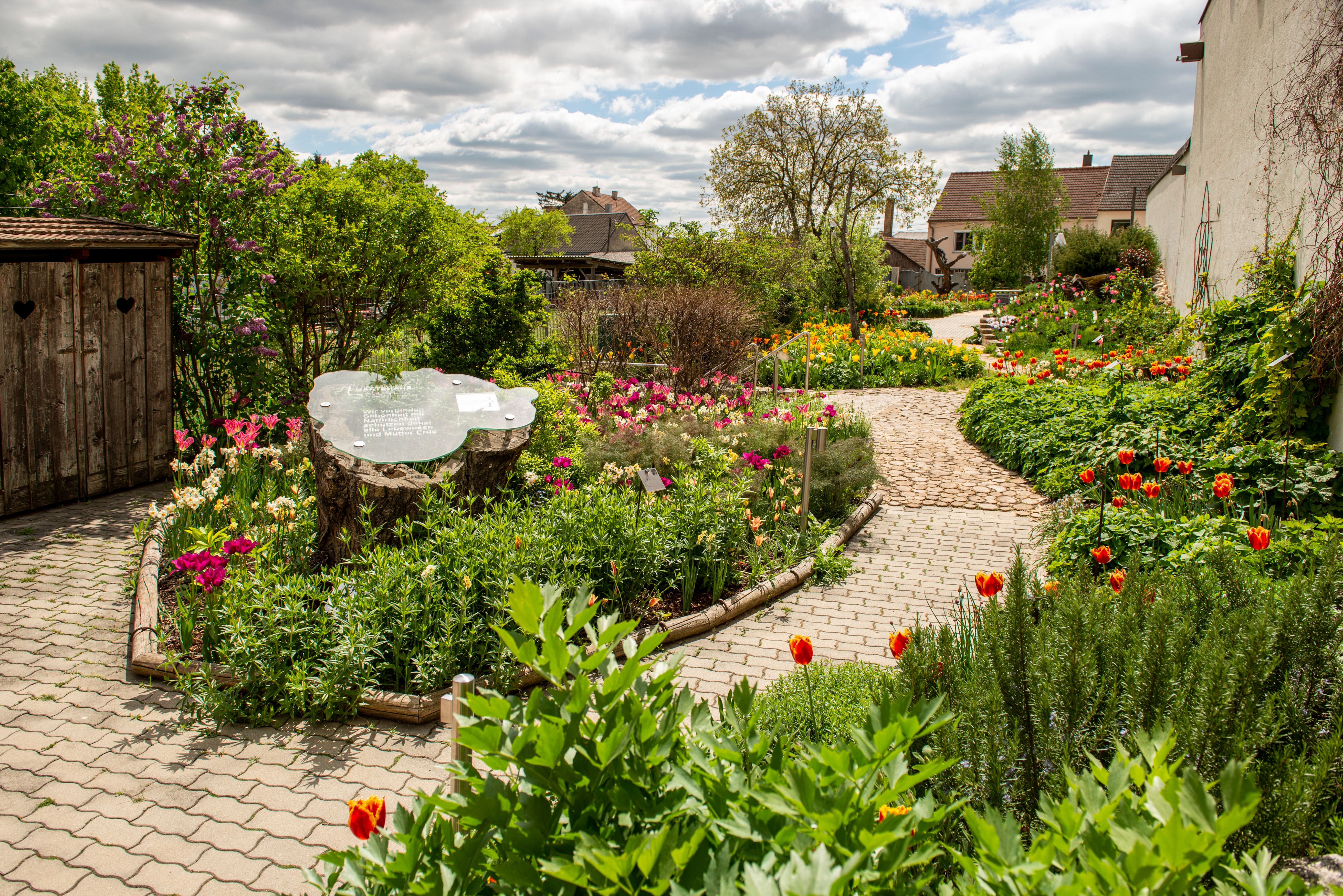 A well-tended garden with colorful flowers, a curved path and a tree stump with an information board.